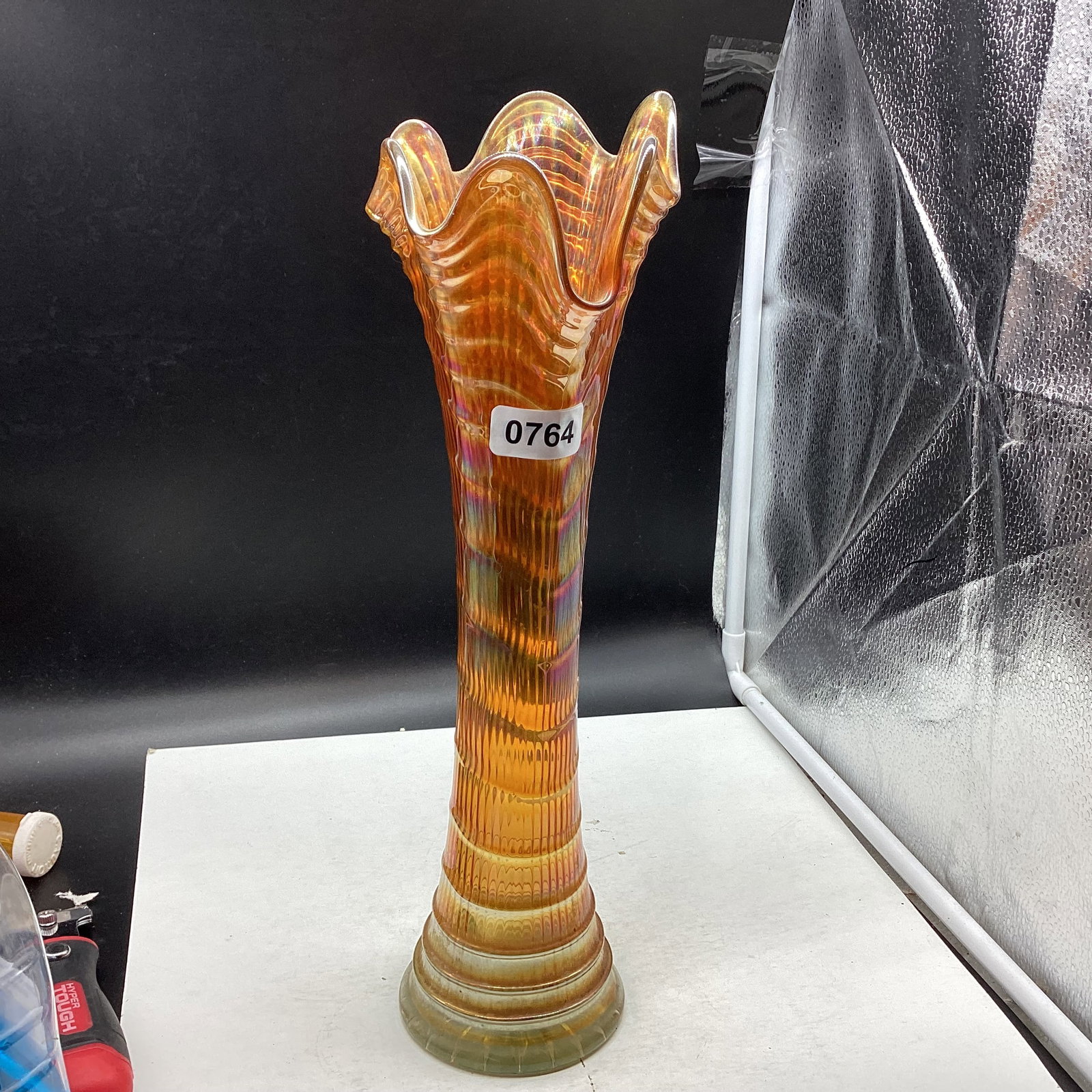 LARGE RIPPLE CARNIVAL GLASS VASE: 15 1/4" TALL GOOD SHAPE