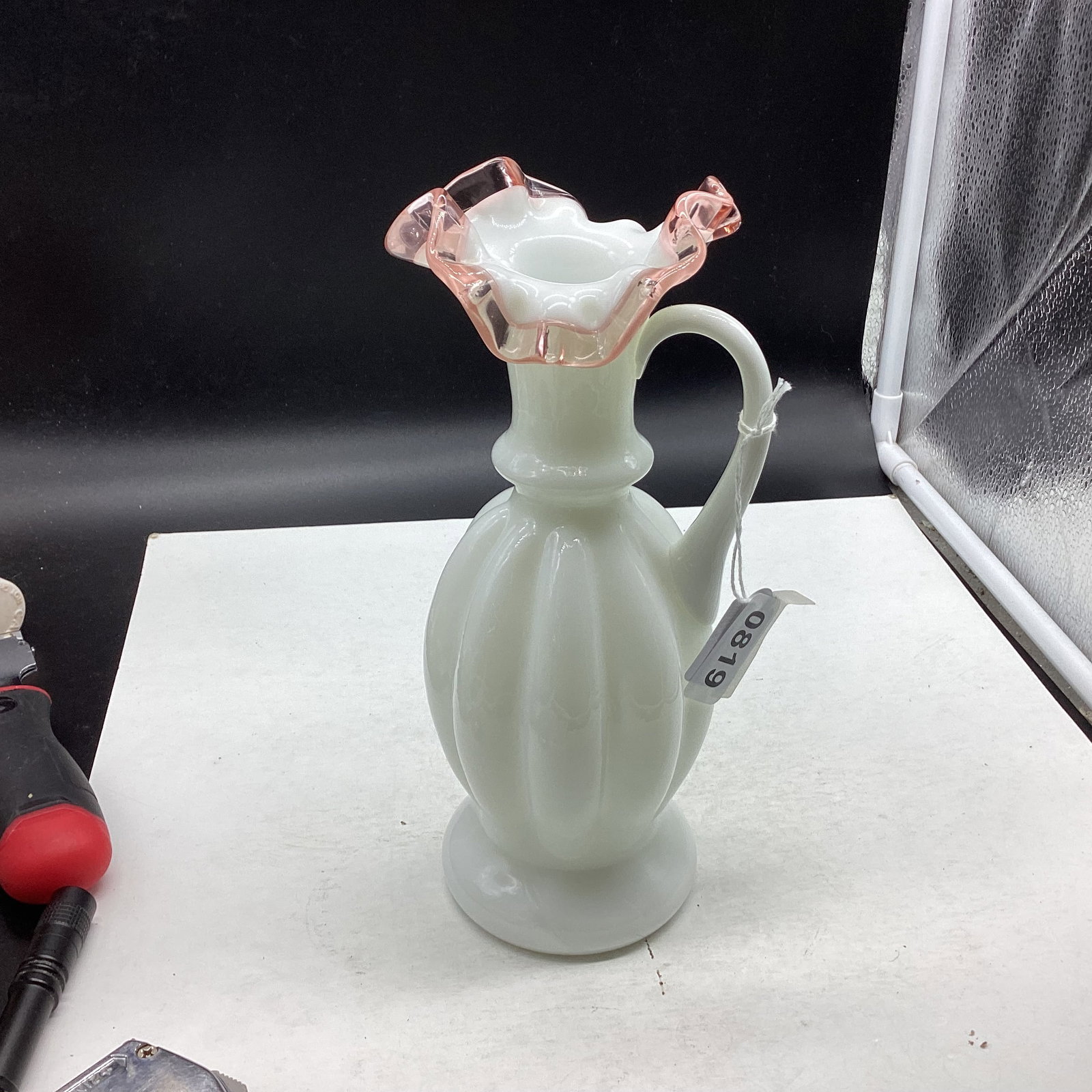 FENTON PEACH CREST PITCHER: 9 1/2" TALL GOOD SHAPE