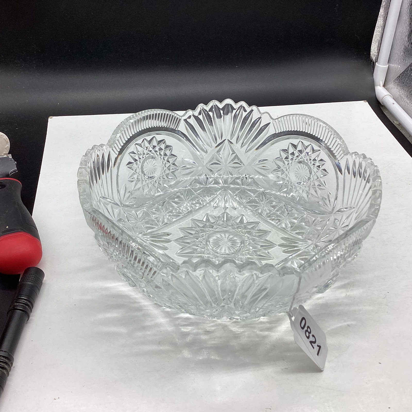 CUT GLASS BOWL: 3 1/2 X 8 1/2 GOOD SHAPE
