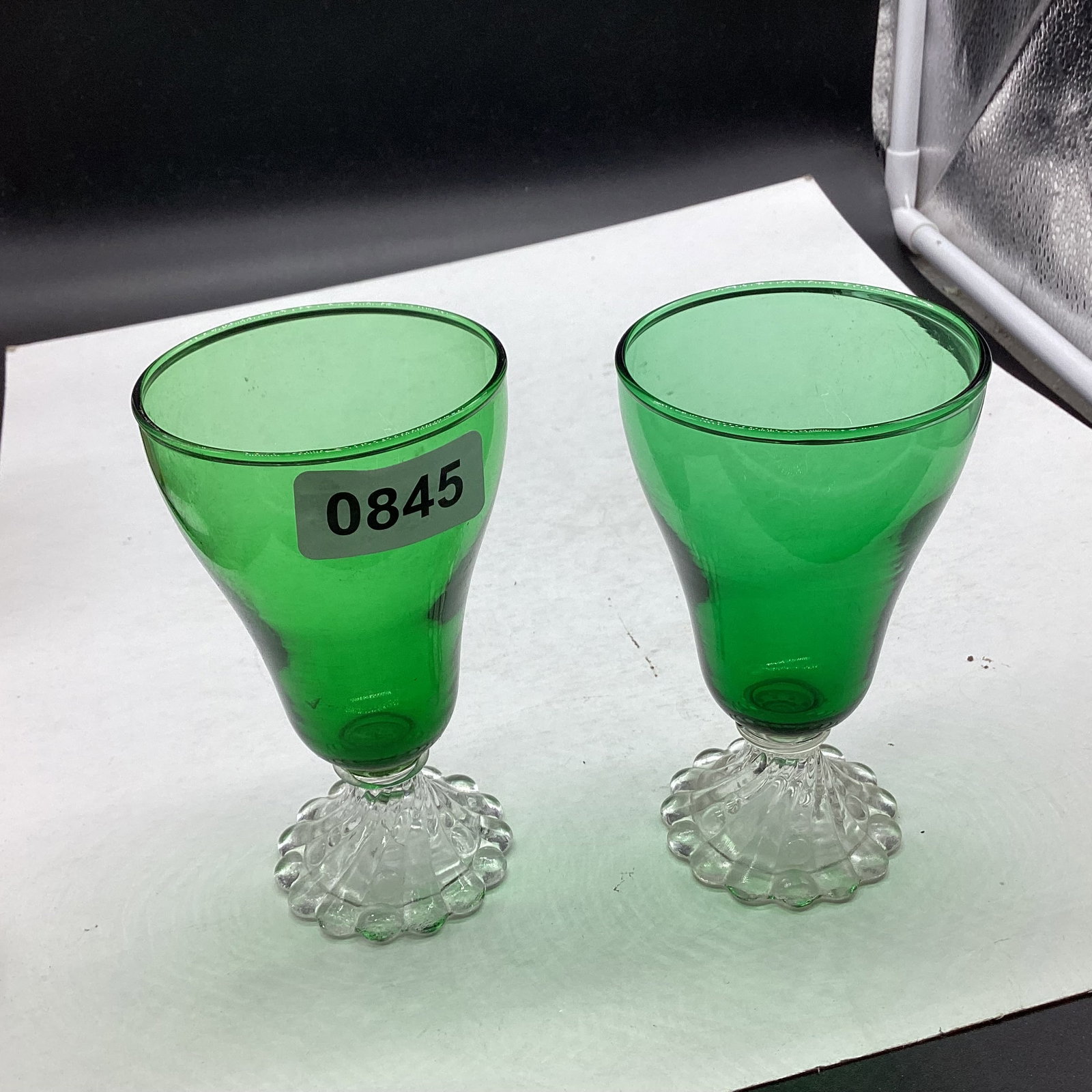 2 DEPRESSION FOREST GREEN JUICE GLASSES: 5" TALL GOOD SHAPE