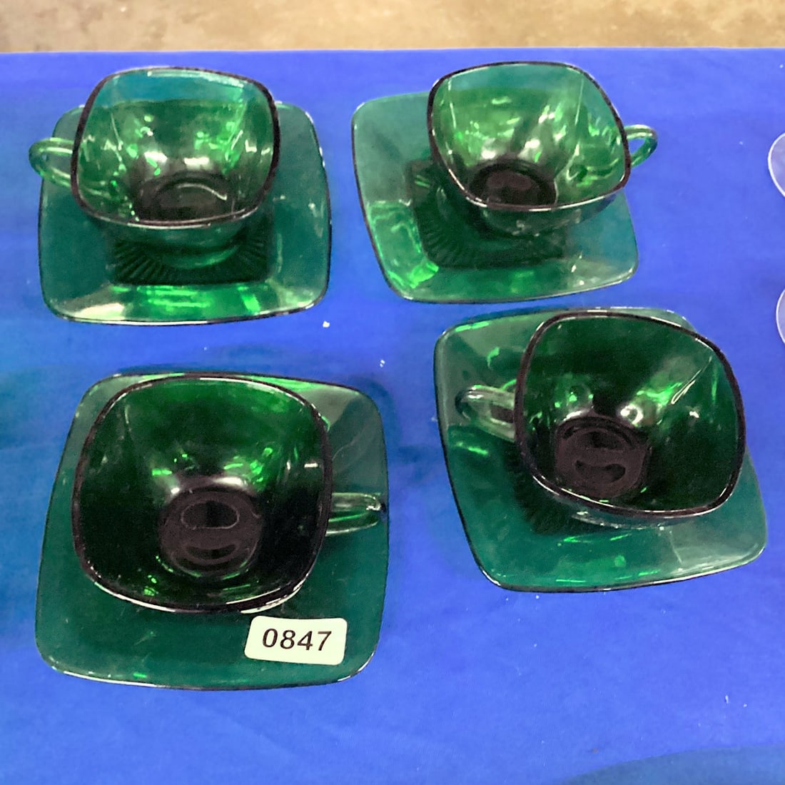 4 DEPRESSION FOREST GREEN CUP & SAUCERSD: GOOD SHAPE