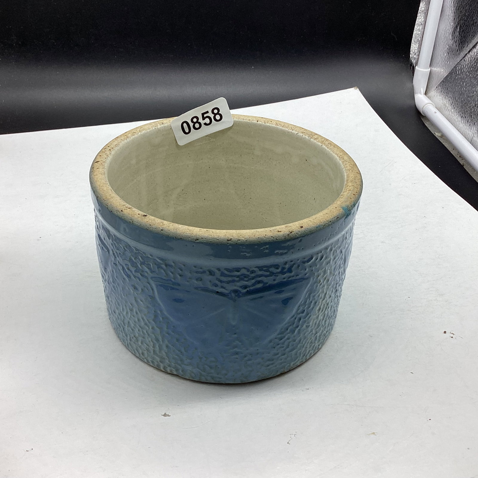 BLUE BUTTERFLY STONEWARE BUTTER CROCK (1 of 2)