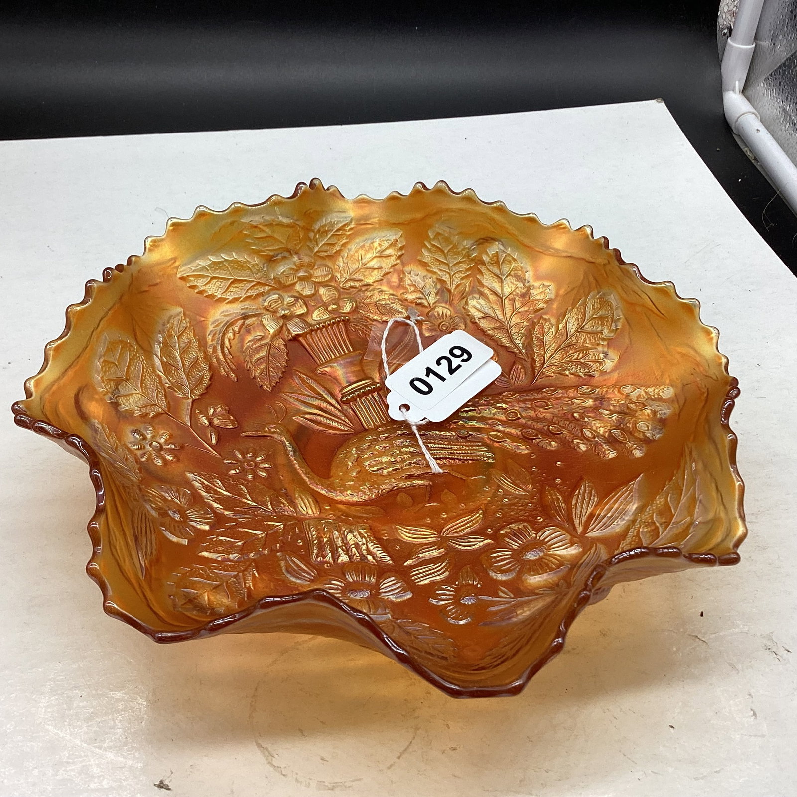 VINTAGE FENTON PEACOCK AND URN FOOTED BOWL: 2 1/4 X 9 GOOD SHAPE