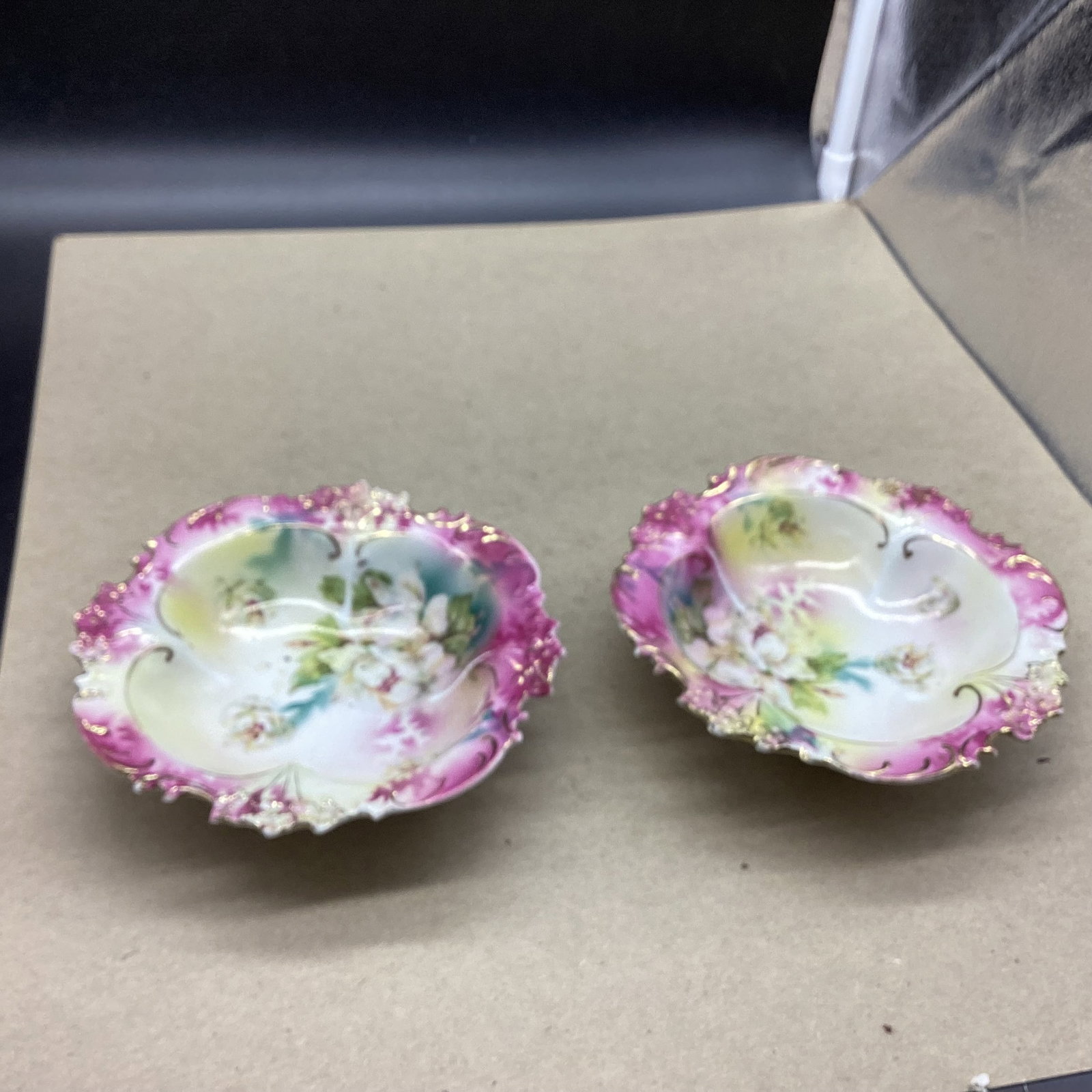 2 PORCELIAN HAND PAINTGED R. S. PRUSSIA BERRY BOWLS: 5 1/2" WIDE GOOD SHAPE