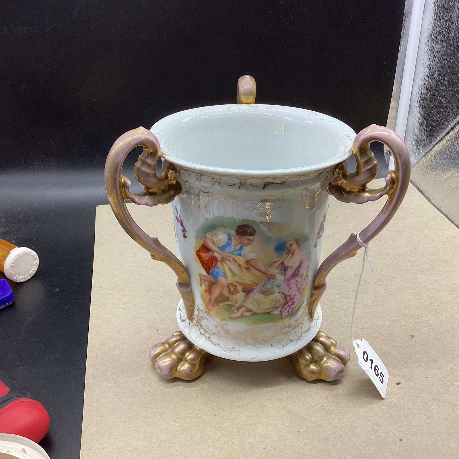 VINTAGE PORCELIAN HAND PAINTED AUSTRIA PAD FEET LOVING CUP: 7" T X 5 1/2" W GOOD SHAPE