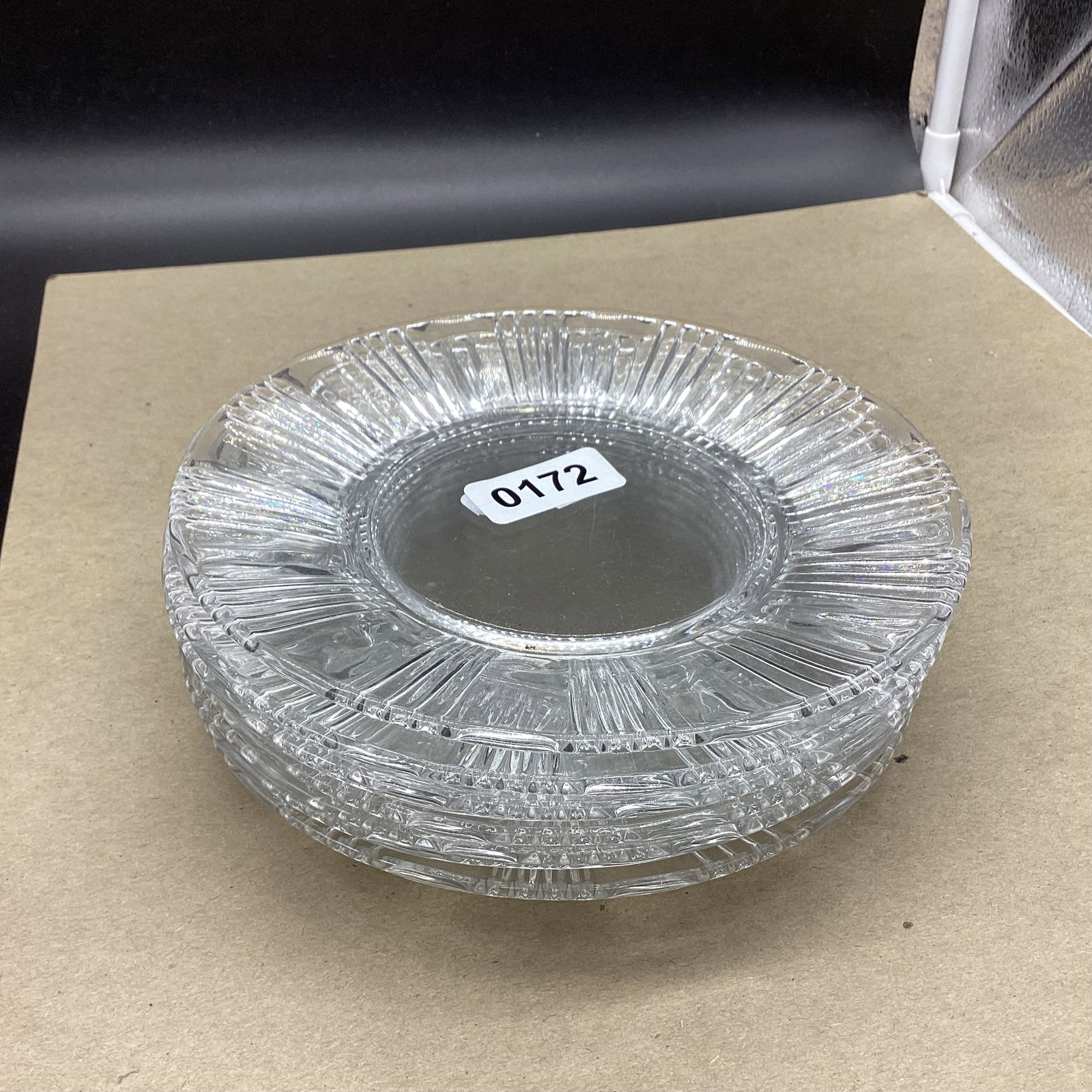 8 FOSTORIA SUN RAY PATTERN PLATES: 7 1/4" W GOOD SHAPE