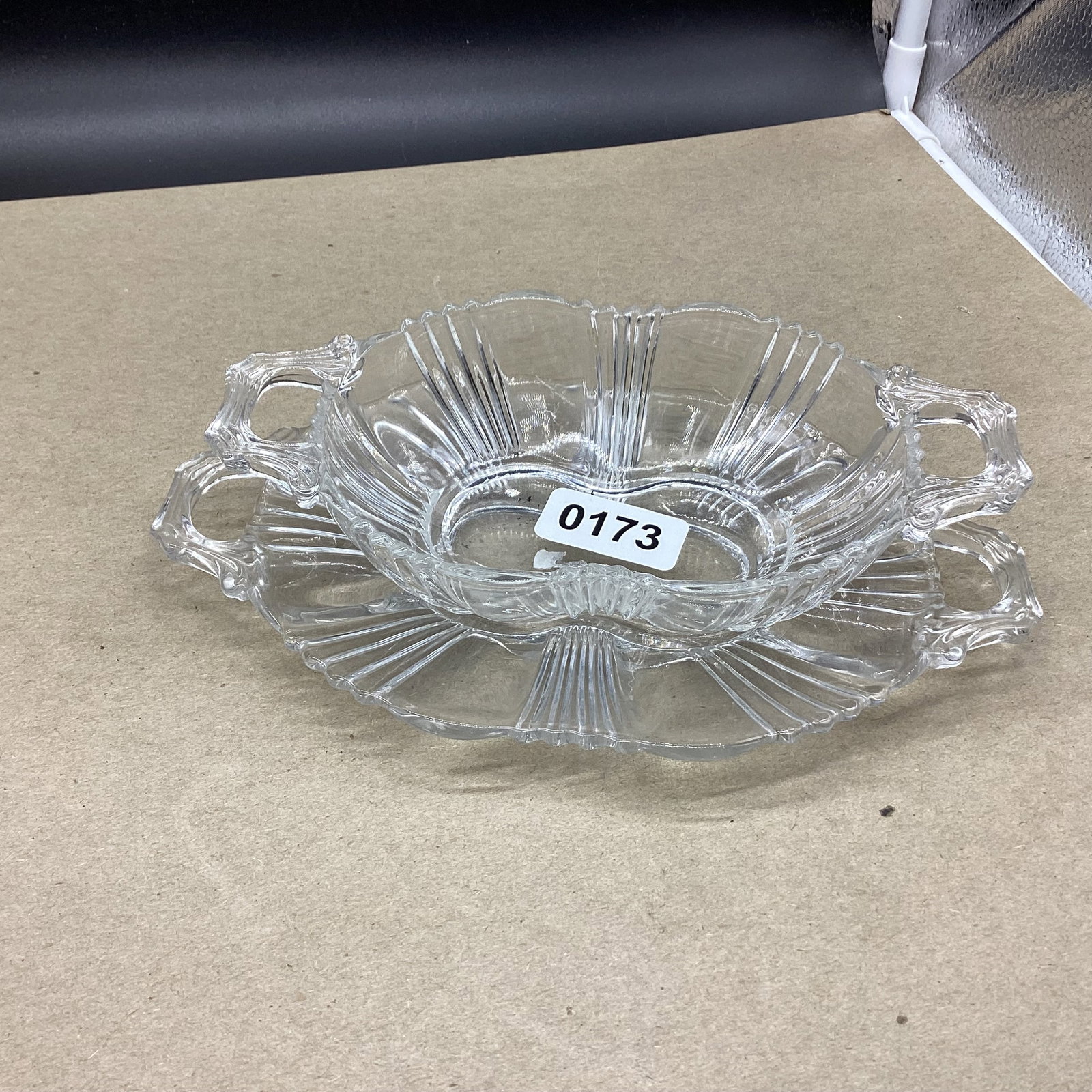 FOSTORIA SUN RAY RELISH DISH & TRAY: 5 1/2 AND 8 1/2 GOOD SHAPE