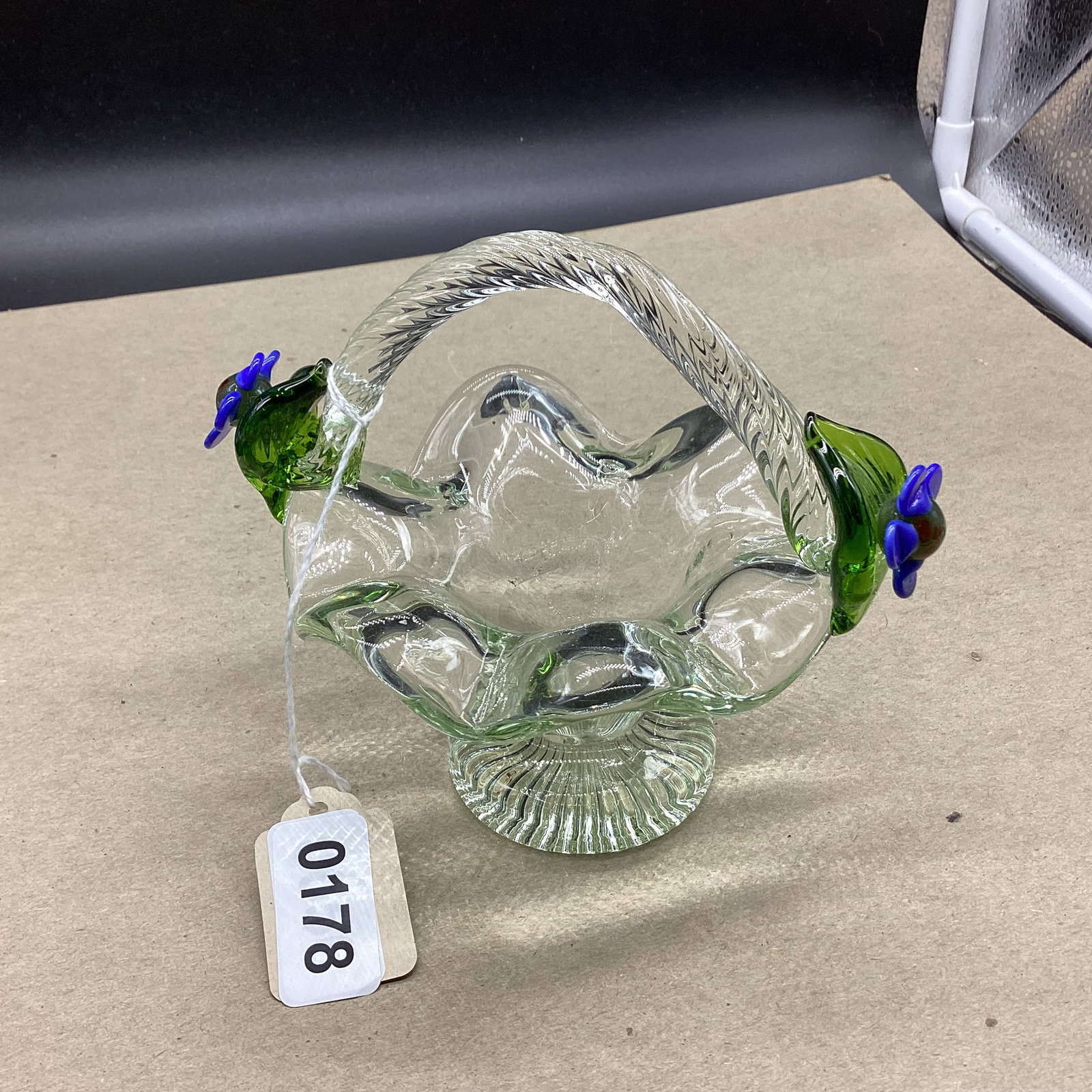 HAND BLOWN CRYSTAL BASKET W/APPLIED BLUE FLOWERS: 5 X 5 1/2 GOOD SHAPE