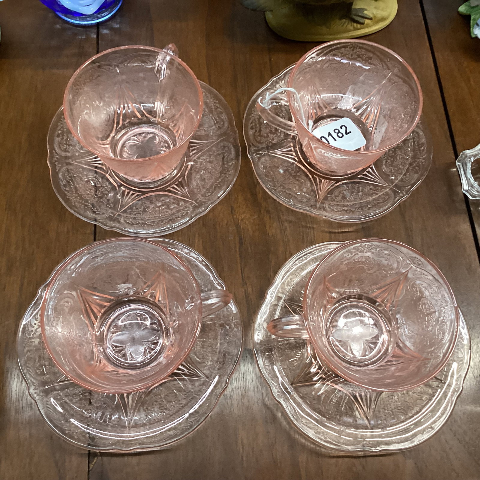 4 DEPRESSION ROYAL LACE CUP & SAUCERS: GOOD SHAPE