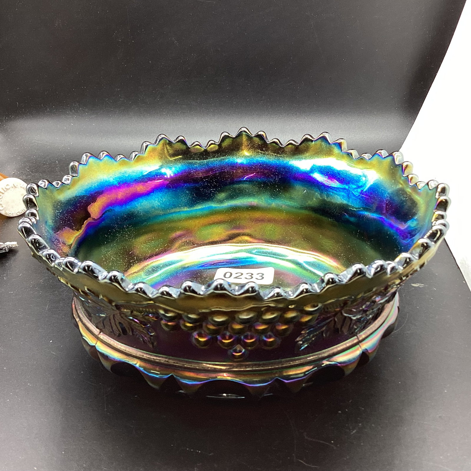 NORTHWOOD GRAPE & CABLE CARNIVAL BOWL: 3 1/2 X 9 GOOD SHAPE