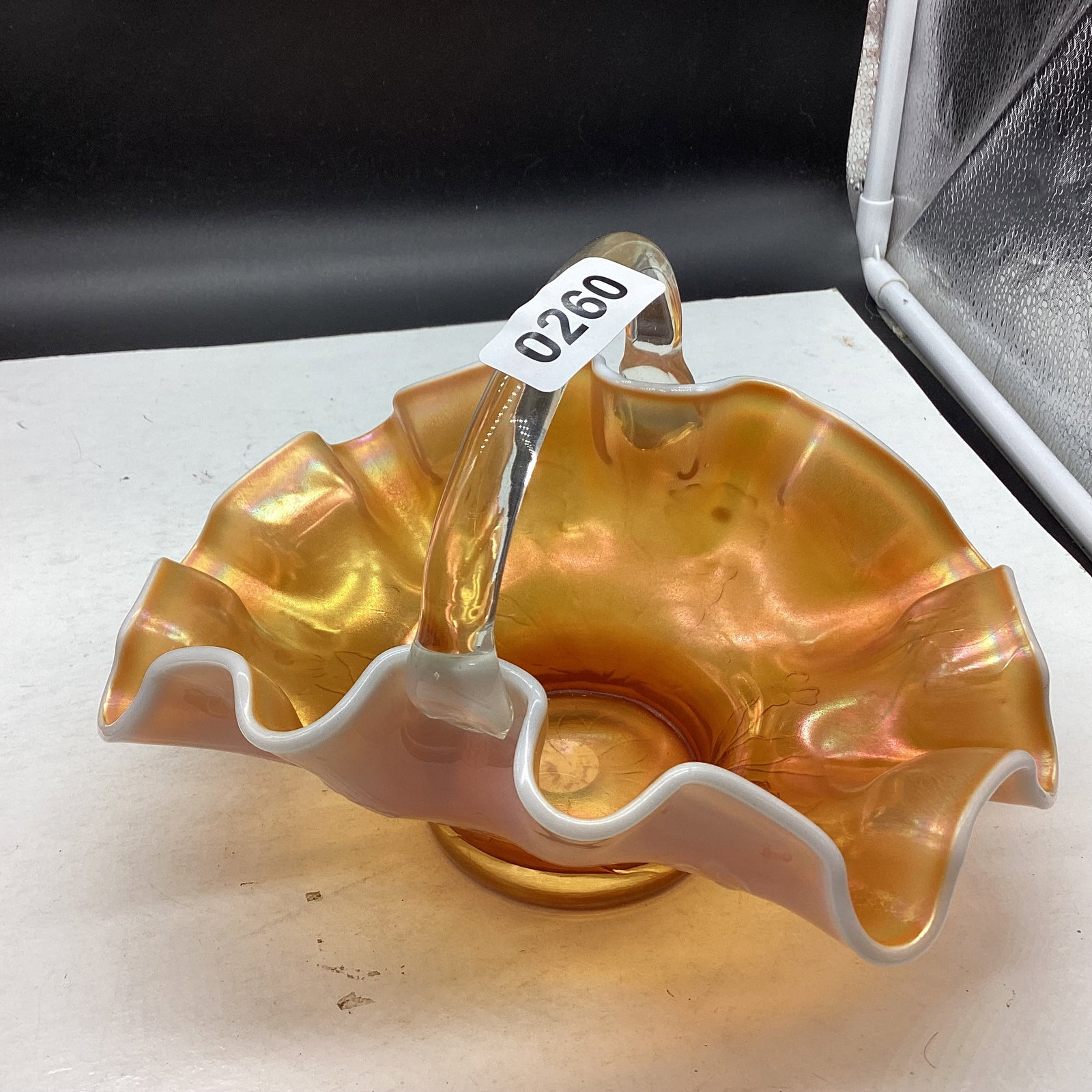 PEACH OPAL SINGLE FLOWER CARNIVAL GLASS BASKET: 6 X 8 3/4 GOOD SHAPE