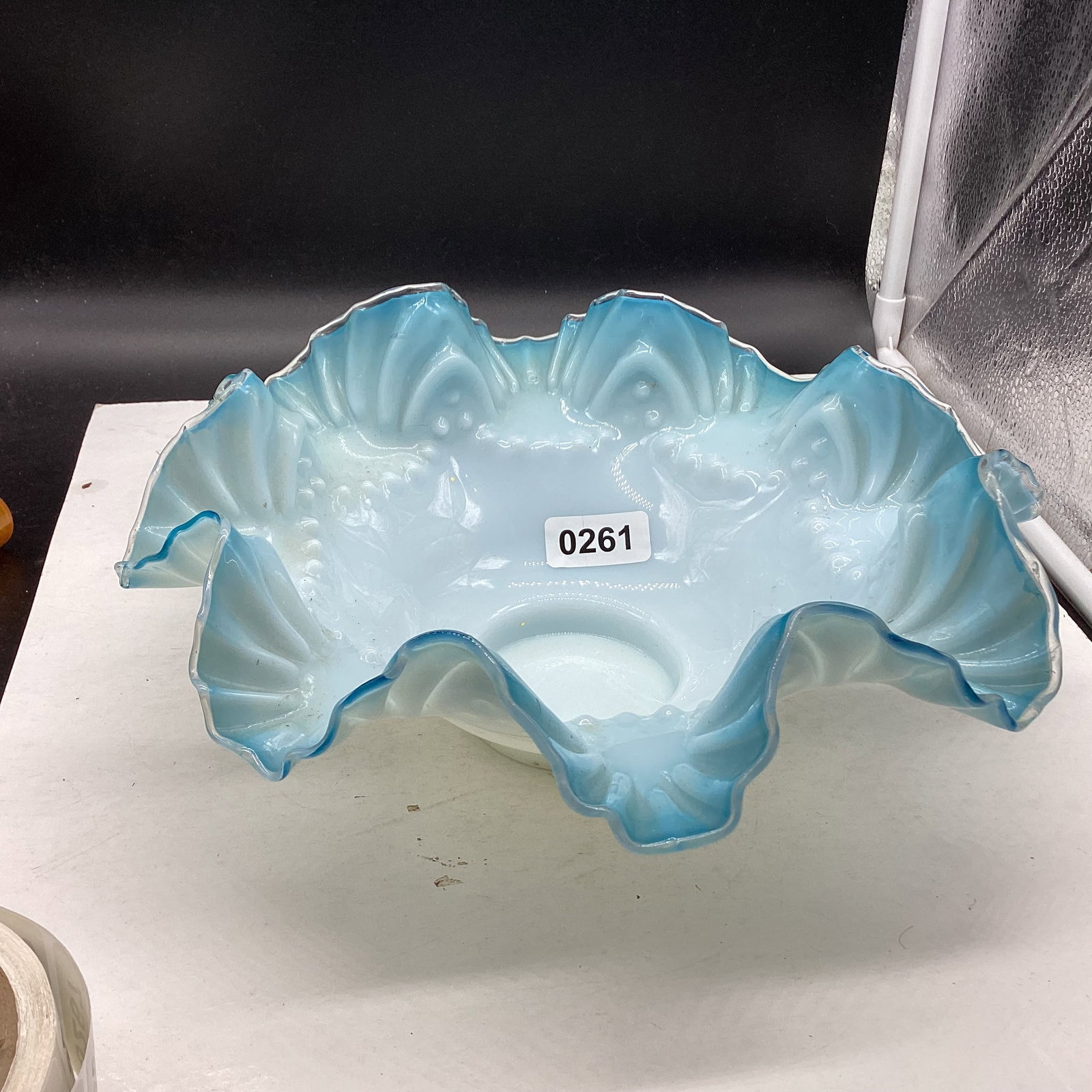 FENTON BLUE OPALESCENT BRIDES RUFFLED BOWL: 4 1/2 X 10 1/4 GOOD SHAPE