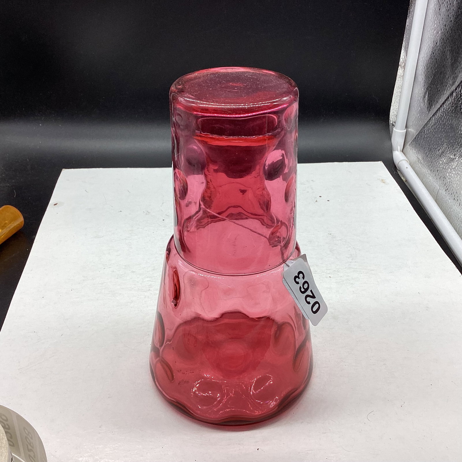 CRANBERRY WATER BOTTLE & TUMBLER: 8 1/4" TALL GOOD SHAPE