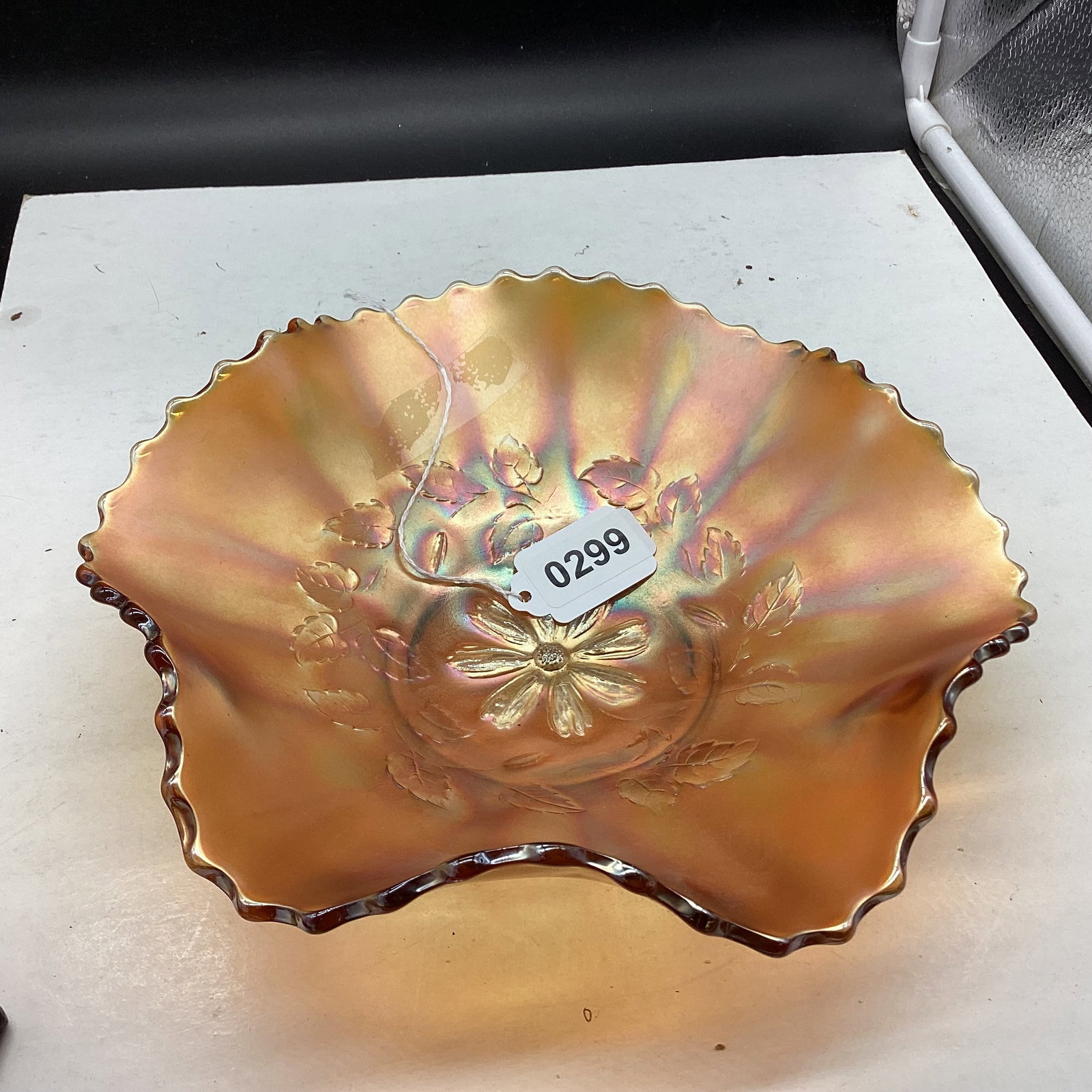 VINTAGE MARIGOLD CARNIVAL GLASS BOWL: 2 3/4 X 9 1/2 GOOD SHAPE