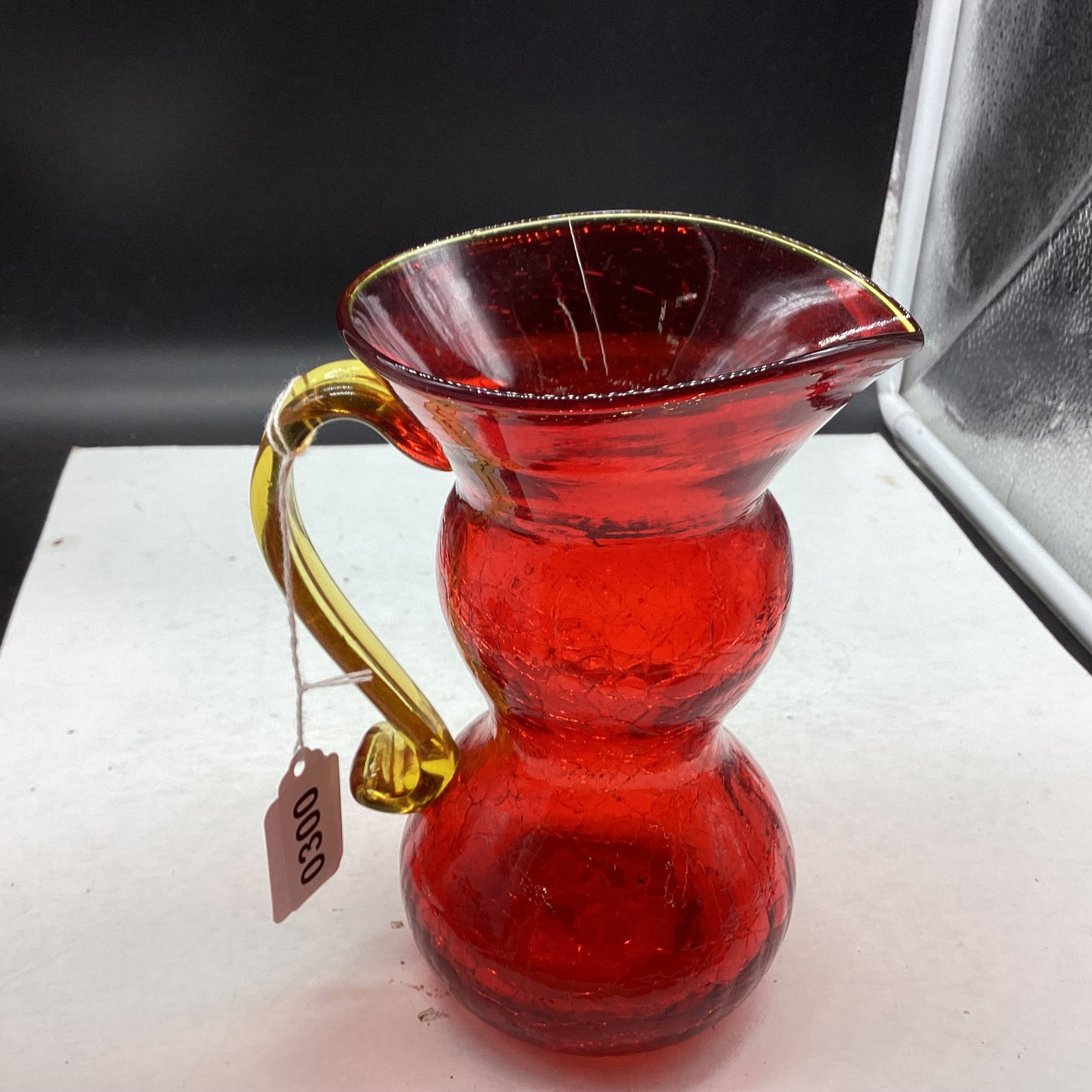 MCM RED CRACKLE GLASS PITCHER W/AMBER HANDLE APPLIED: 7 1/4 X 5 1/2 GOOD SHAPE