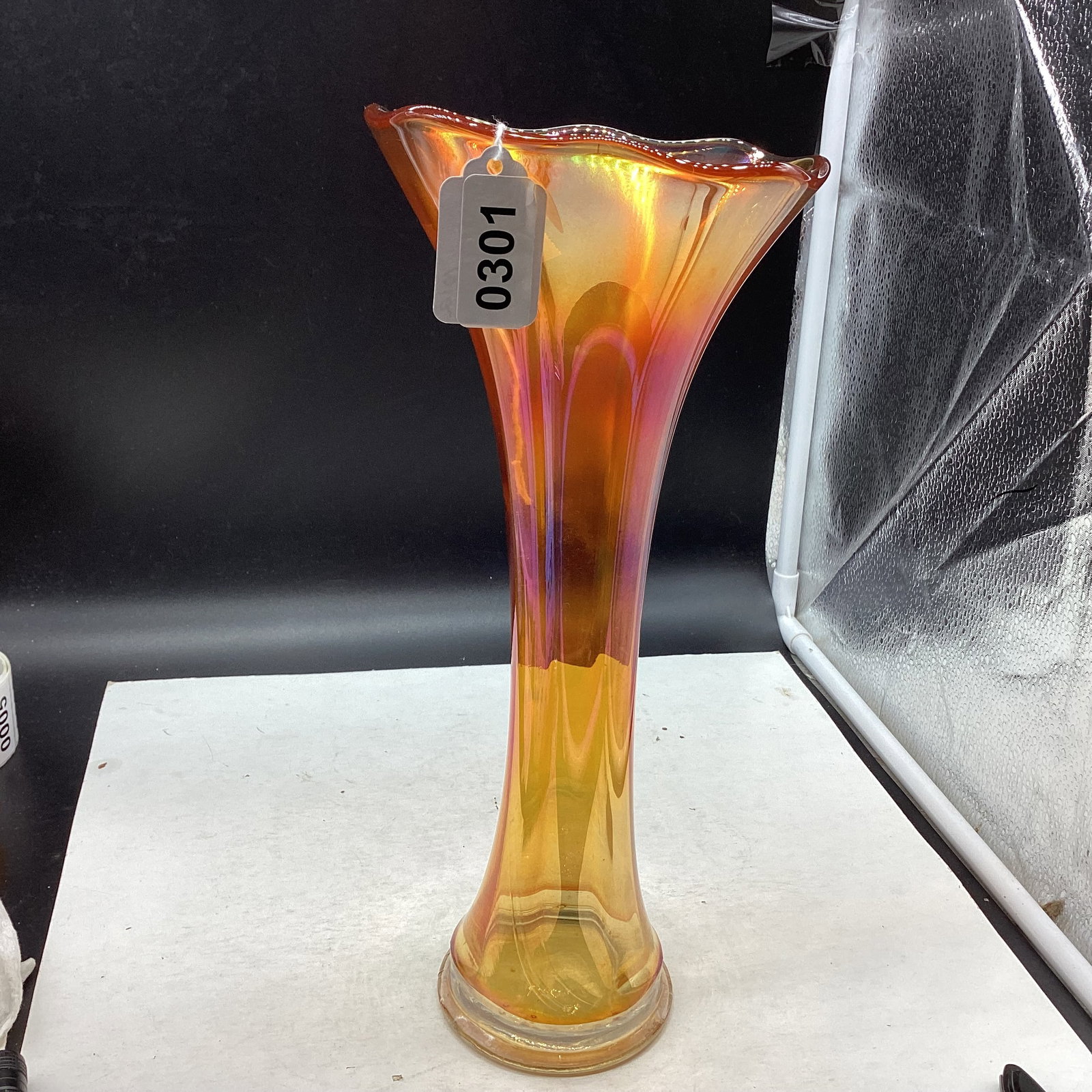 MARIGOLD CARNIVAL GLASS FLUTED VASE: 12 1/2 X 5 GOOD SHAPE