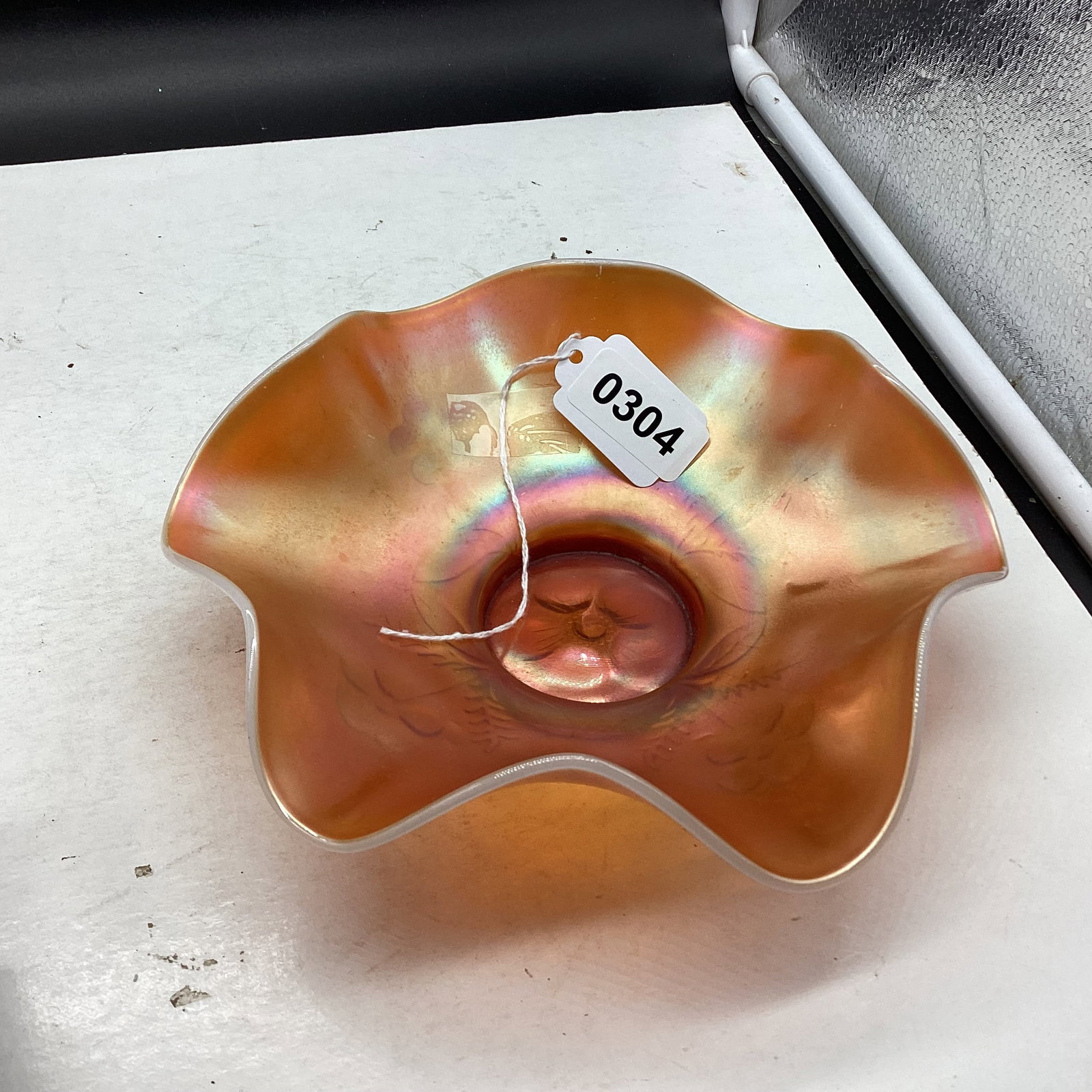 DUGAN PEACH CARNIVAL RUFFLED BOWL: 2 1/2 X 7 3/4 GOOD SHAPE