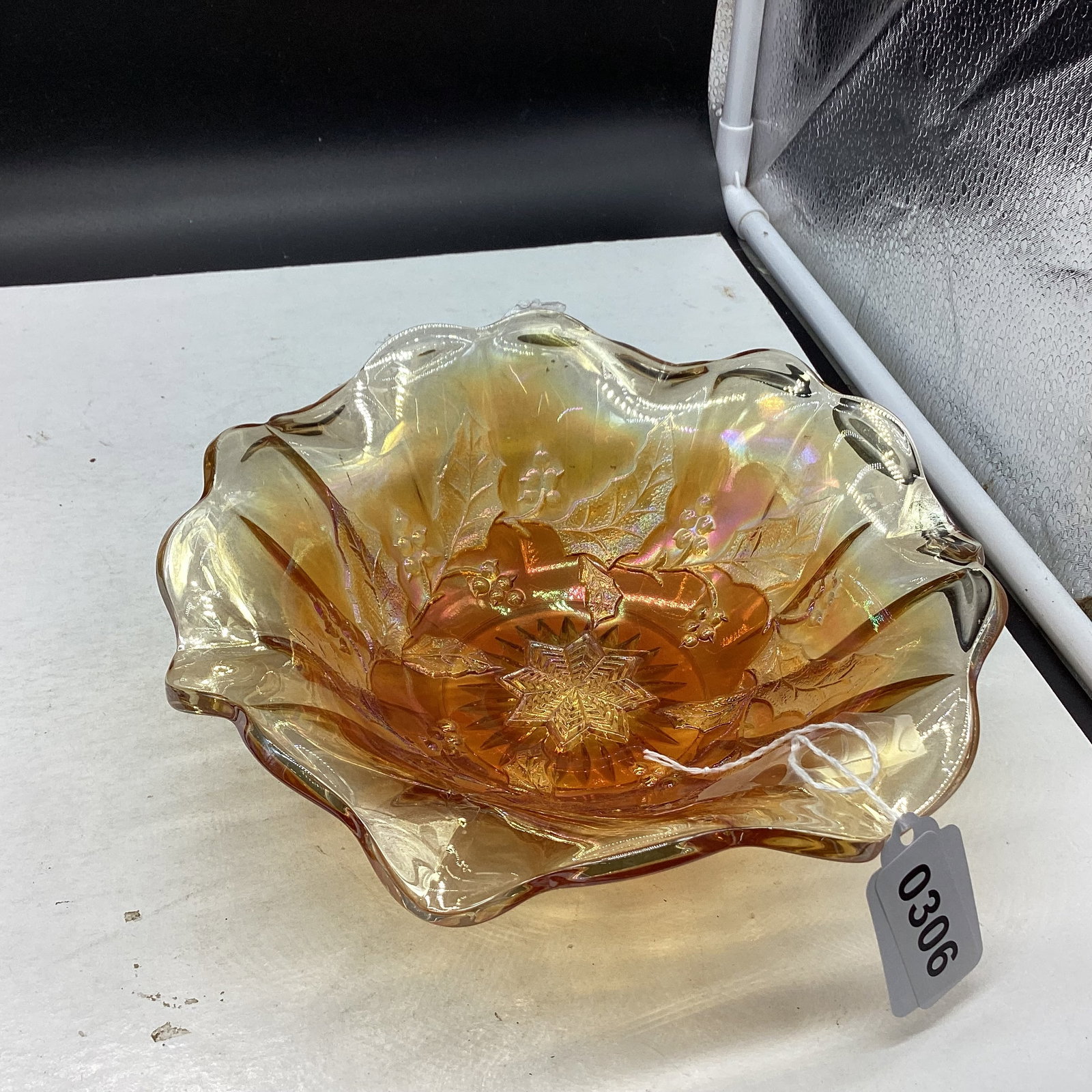 NORTHWOOD QUESTION MARK PATTERN CARNIVAL GLASS HANDLED COMPOTE: 2 3/4 X 7 3/7 GOOD SHAPE