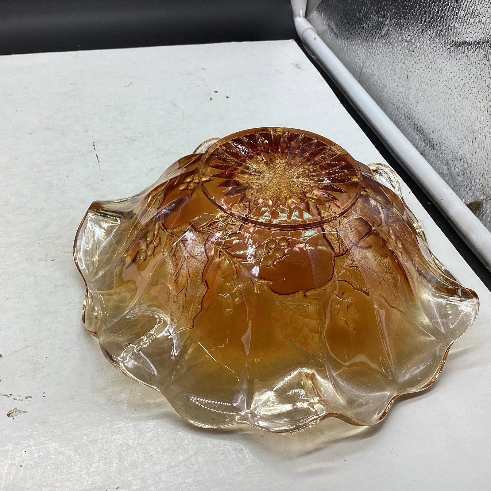 NORTHWOOD QUESTION MARK PATTERN CARNIVAL GLASS HANDLED COMPOTE - 2