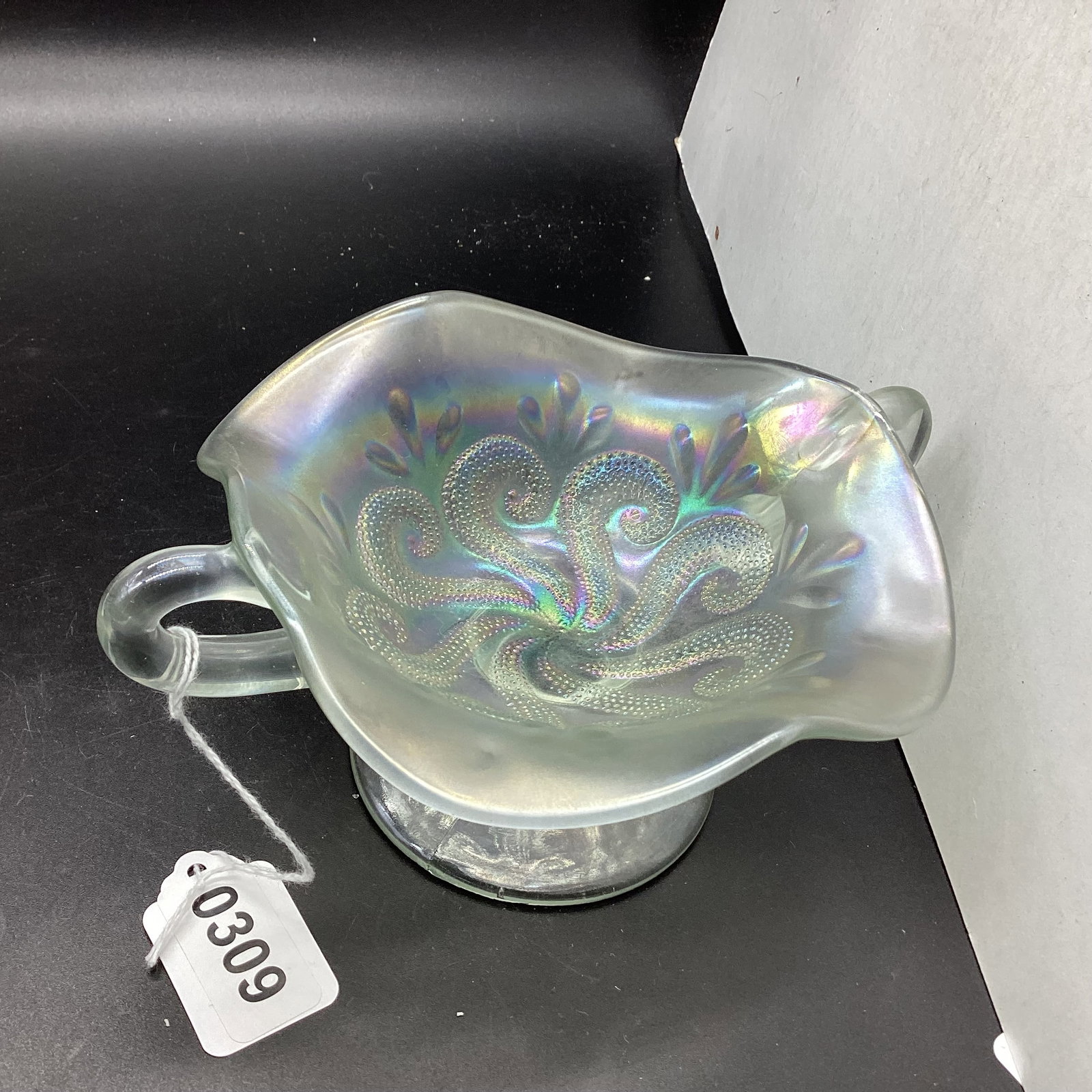 DUGAN GLASS QUESTION MARKS WHITE CARNIVAL COMPOTE: 3 1/2 X 7 1/2 GOOD SHAPE