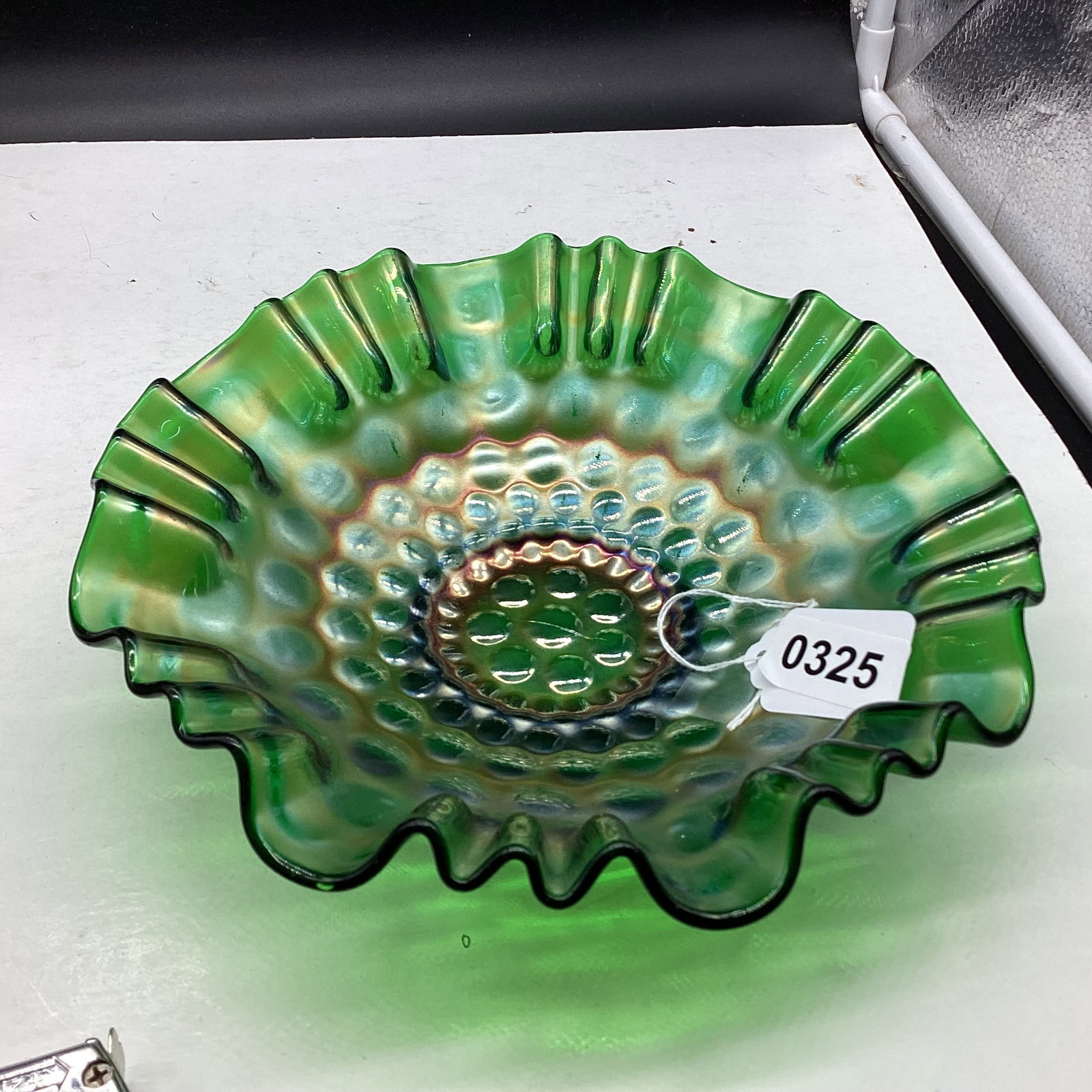 FENTON EMERALD GREEN CARNIVAL BOWL IRIDESCENT COIN SPOT: 2 1/2 X 9 GOOD SHAPE