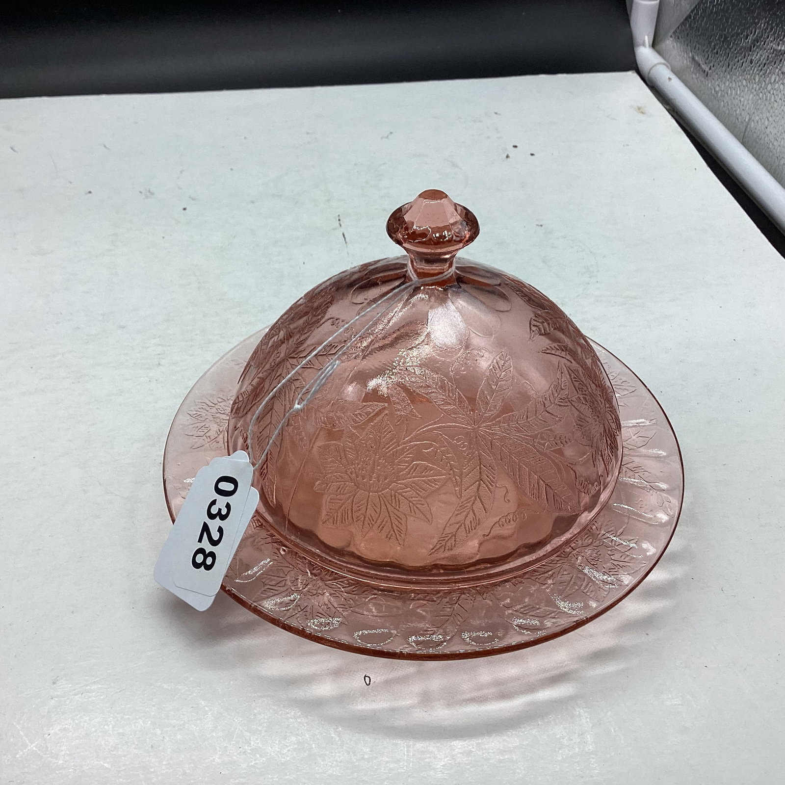 DEPRESSION PINK FLORAL POINSETTIA BUTTER DISH: 4 X 6 1/2 GOOD SHAPE