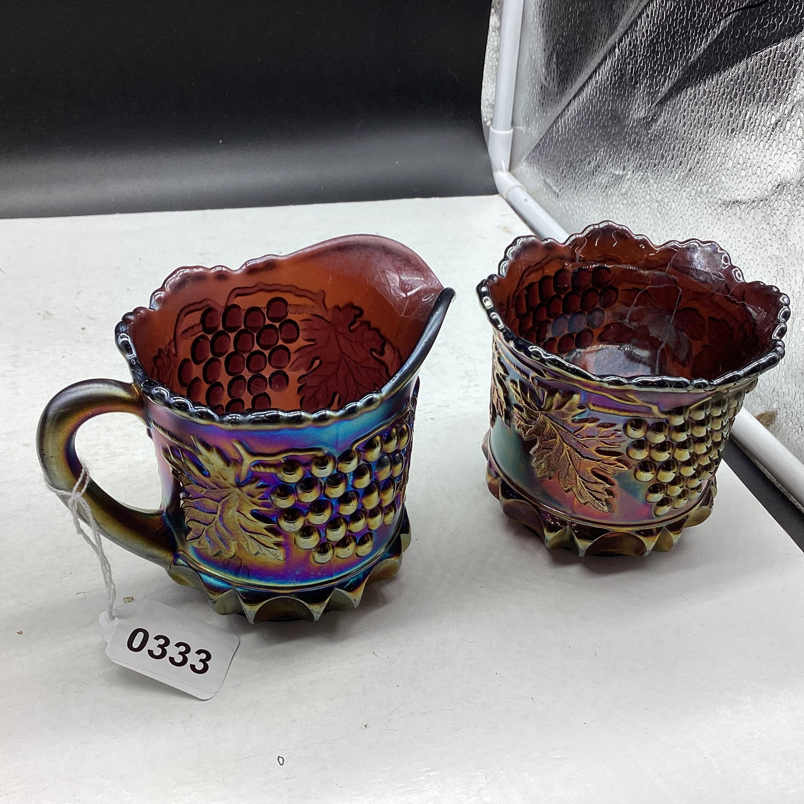 VINTAGE NORTHWOOD GRAPE & CABLE W/THUMB PRINT SUGAR & CREAMER: GOOD SHAPE