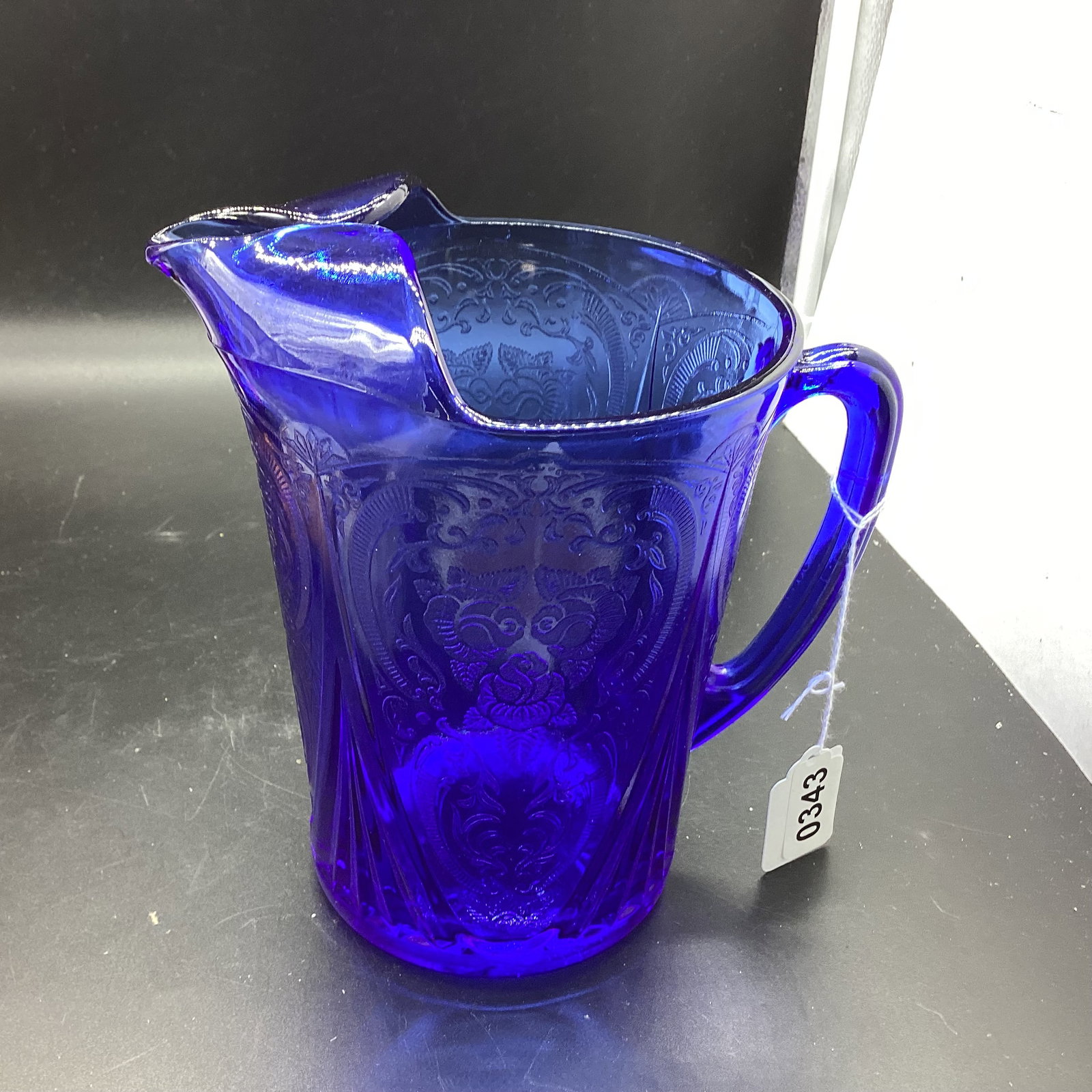 DEPRESSION BLUE ROYAL LACE STRAIGHT SIDE PITCHER: 7 1/2" TALL GOOD SHAPE