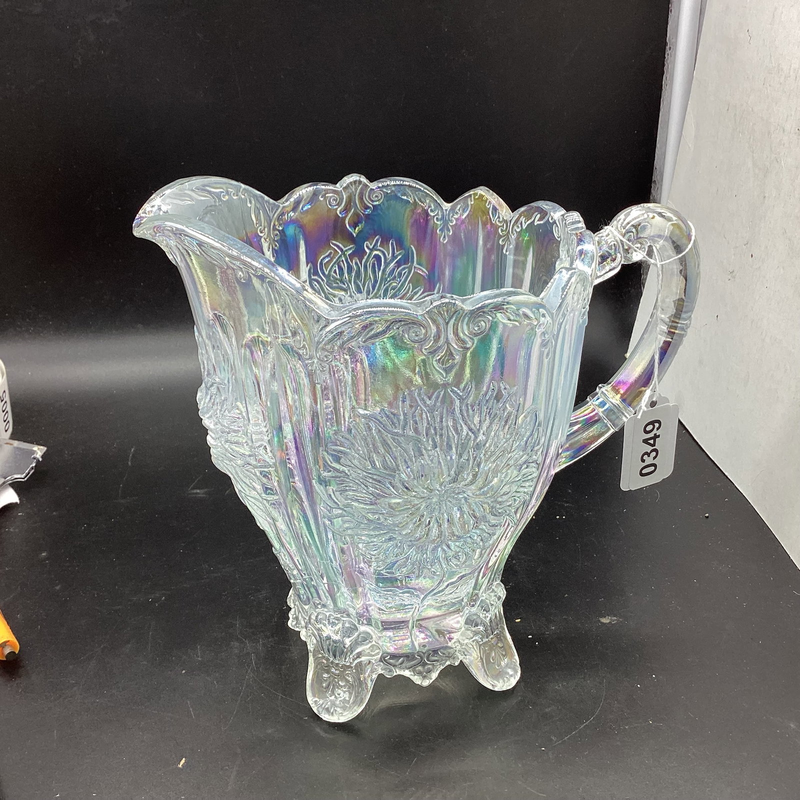MOSSER DAHLIA IRIDESCENT CARNIVAL GLASS FOOTED PITCHER: 8" TALL GOOD SHAPE