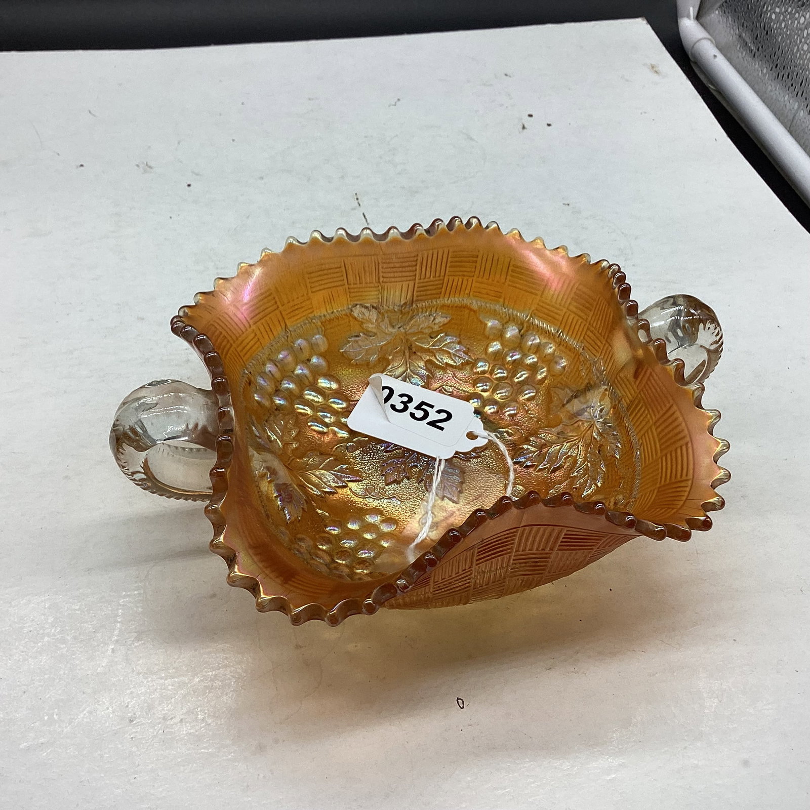 MARIGOLD GRAPE & CABLE CARNIVAL 2 HANDLED BOWL: 2 1/4 X 7 GOOD SHAPE