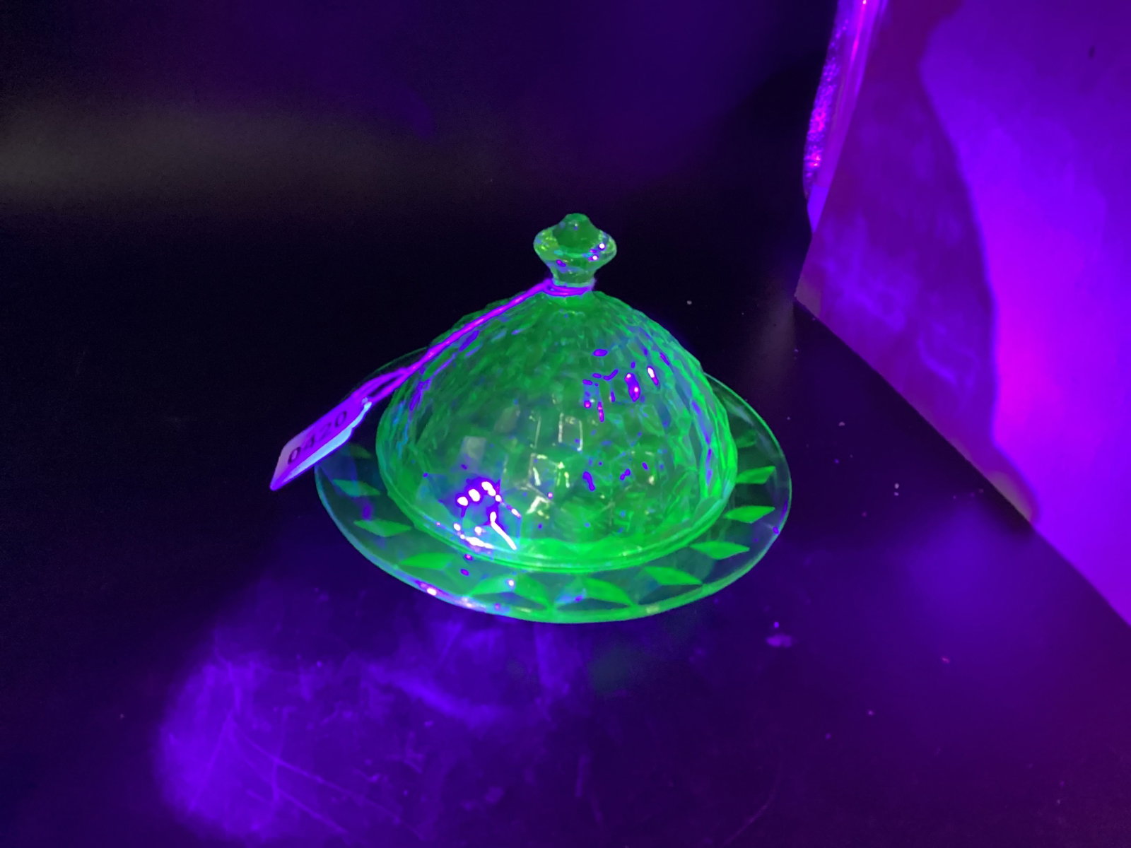 DEPRESSION GREEN CUBIST GLASS BUTTER DISH URANIUM GLASS: GOOD SHAPE