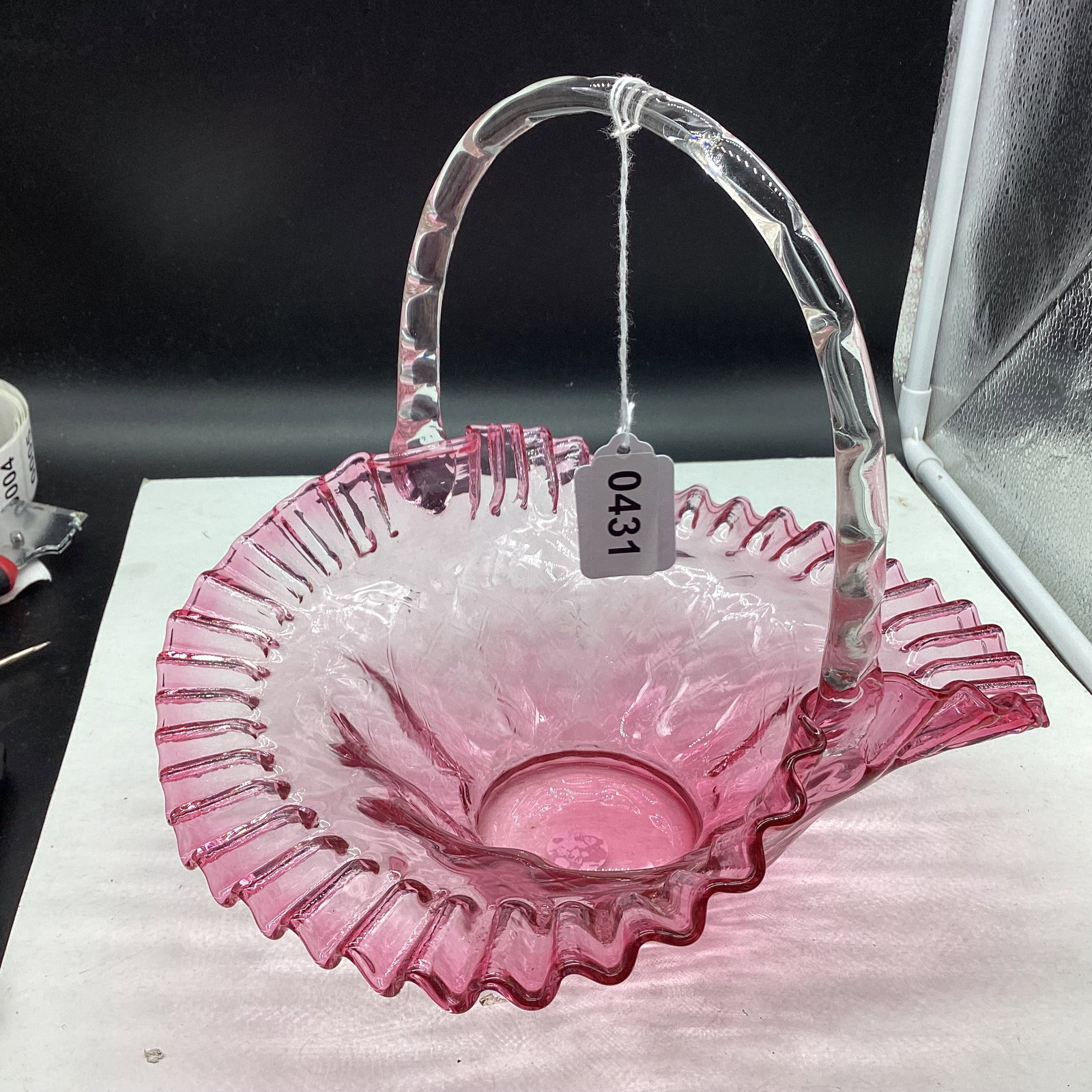 FENTON CRANBERRY BASKET: 9 1/2" T X 10" W GOOD SHAPE