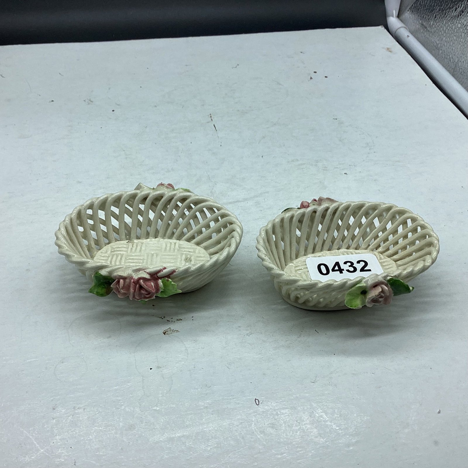 PORCELIAN BASKET TRINKET DISH: 3 1/2" W GOOD SHAPE