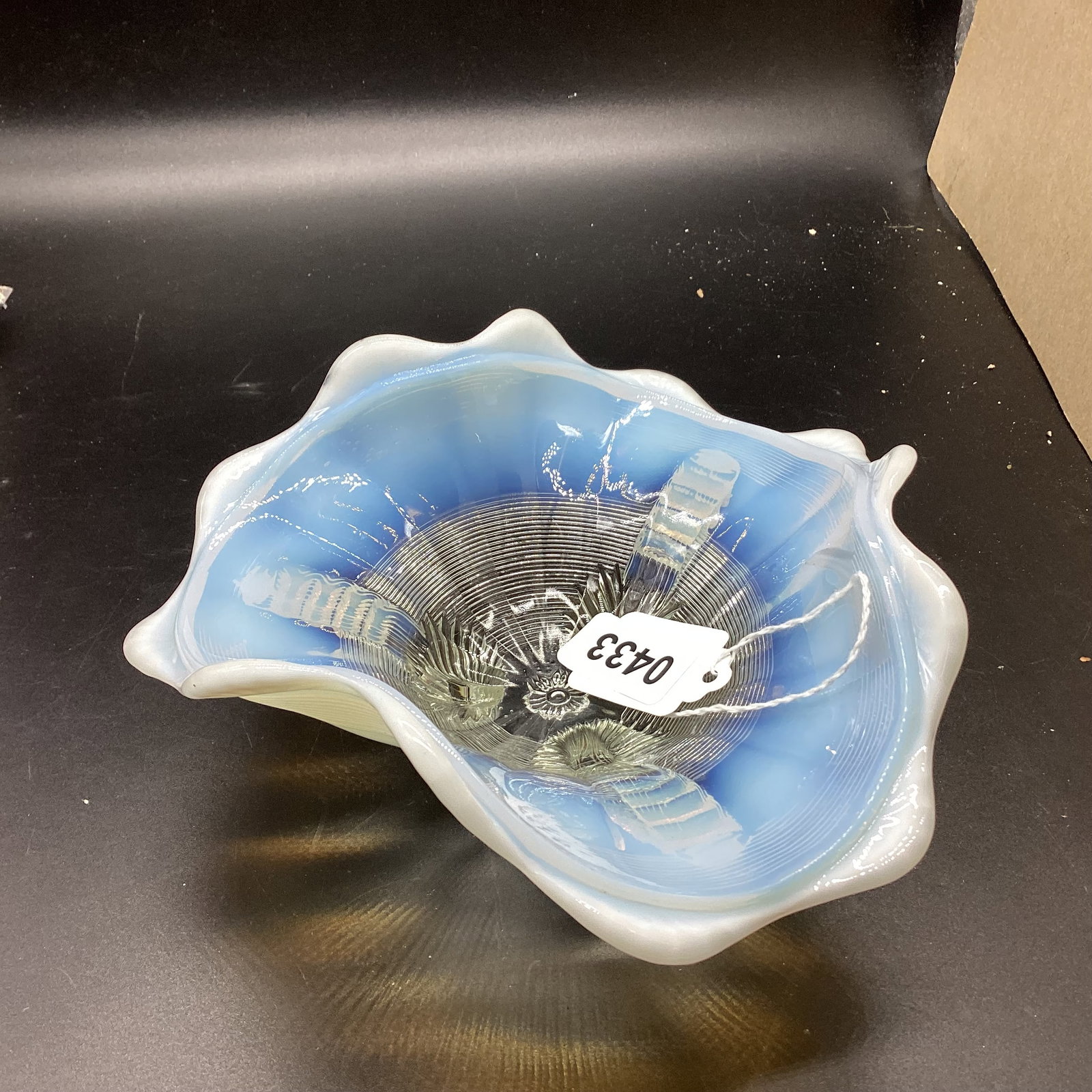 NORTHWOOD KLONDYKE BLUE OPALESCENT 3 FOOTED BOWL: 3 1/8" T X 7 1/4' W GOOD SHAPE