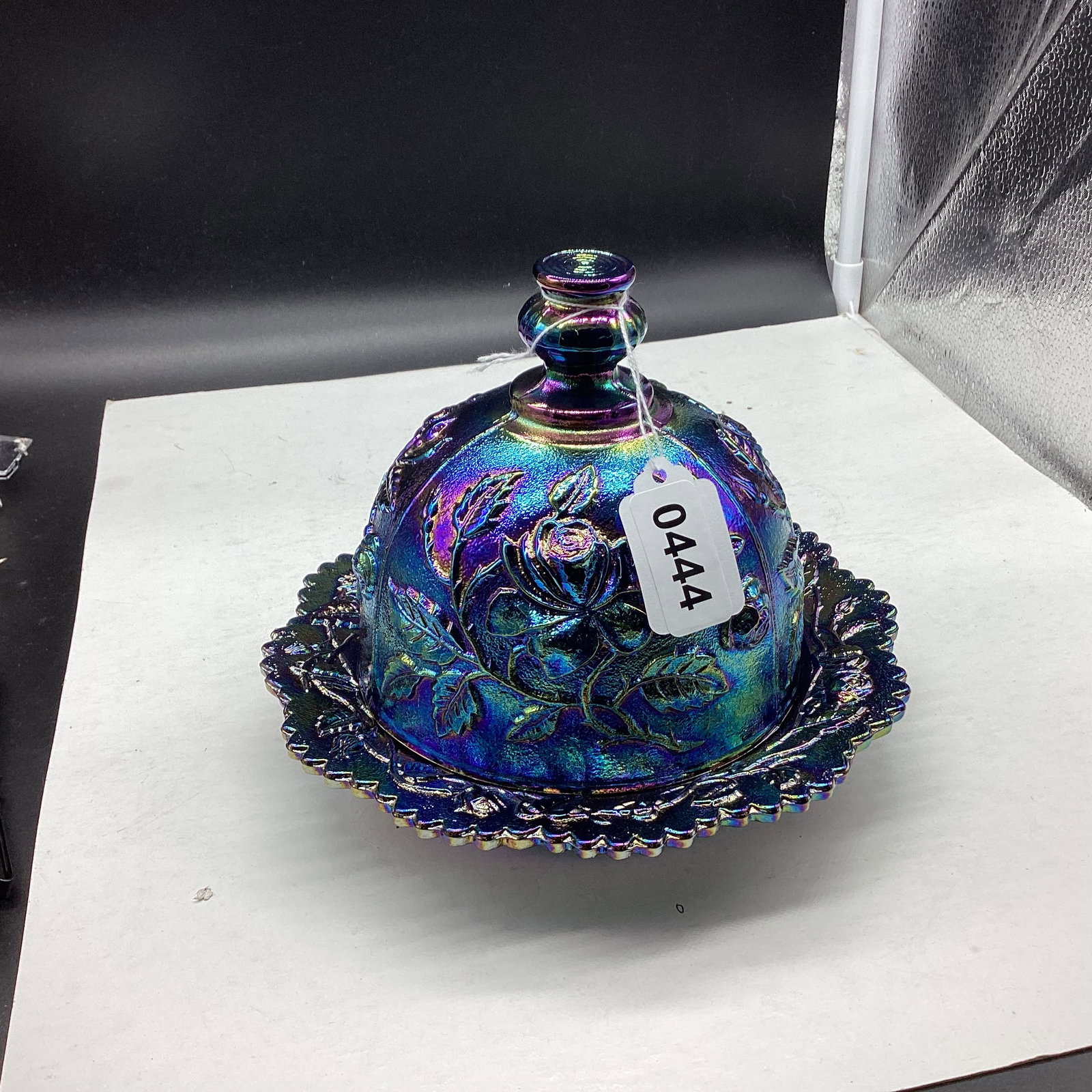 IMPIERAL BLUE CARNIVAL ROSE BUTTER DISH: GOOD SHAPE