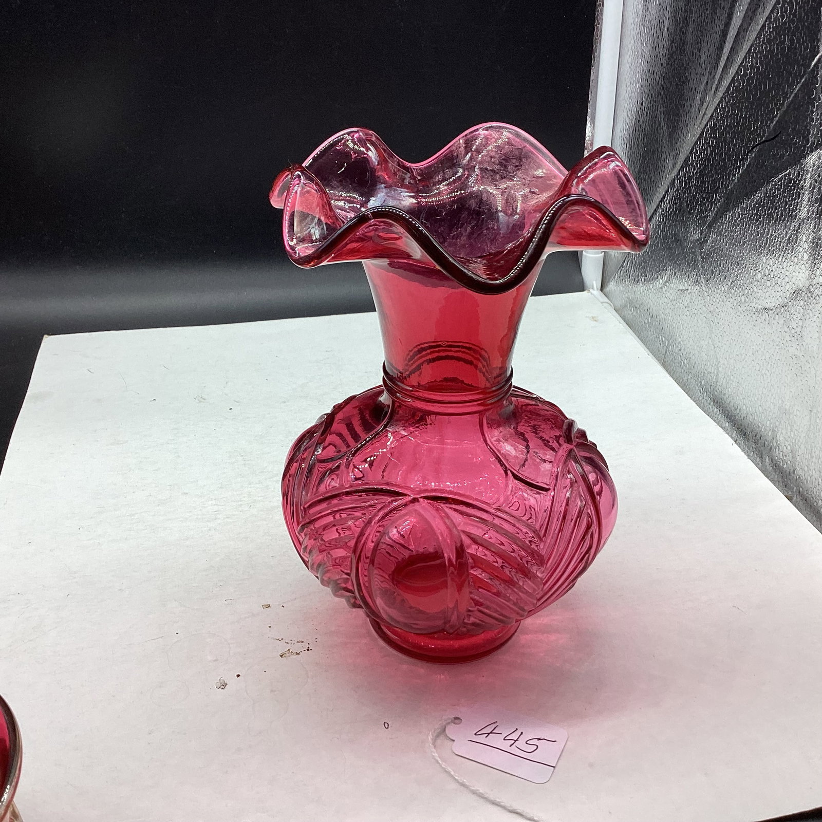 FENTON CRANBERRY RUFFLE VASE: 7 1/2" TALL GOOD SHAPE