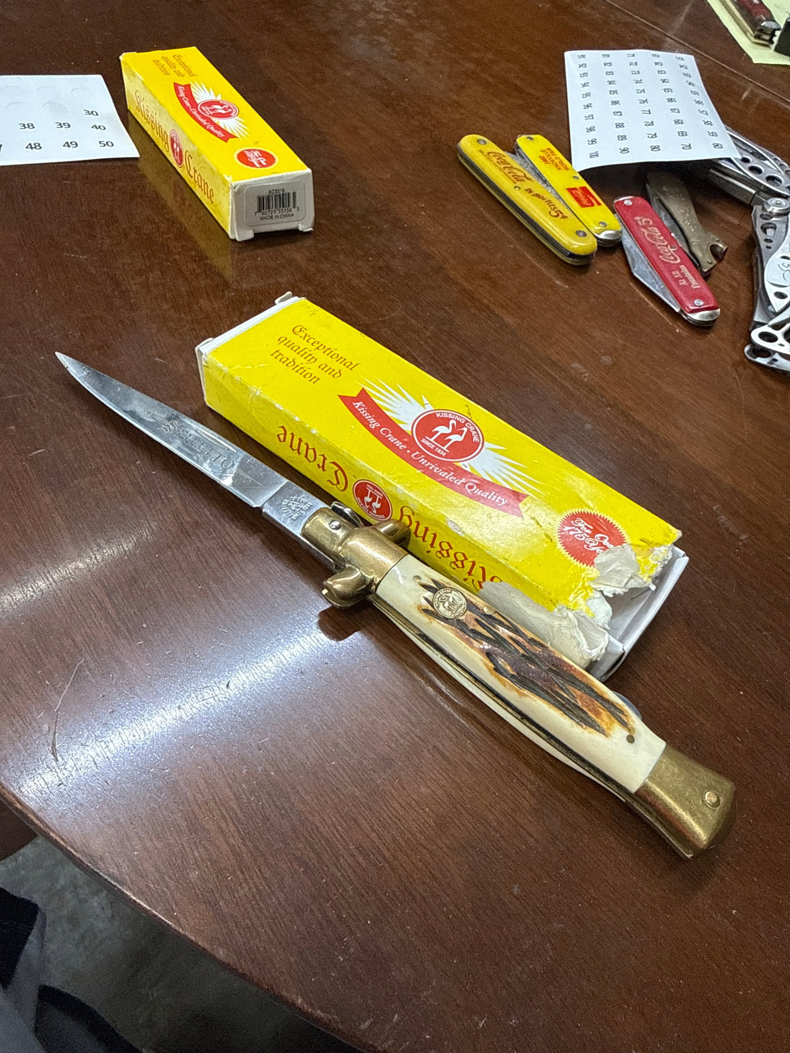 Kissing crane import stiletto with box: Never used or carried box is bad shape