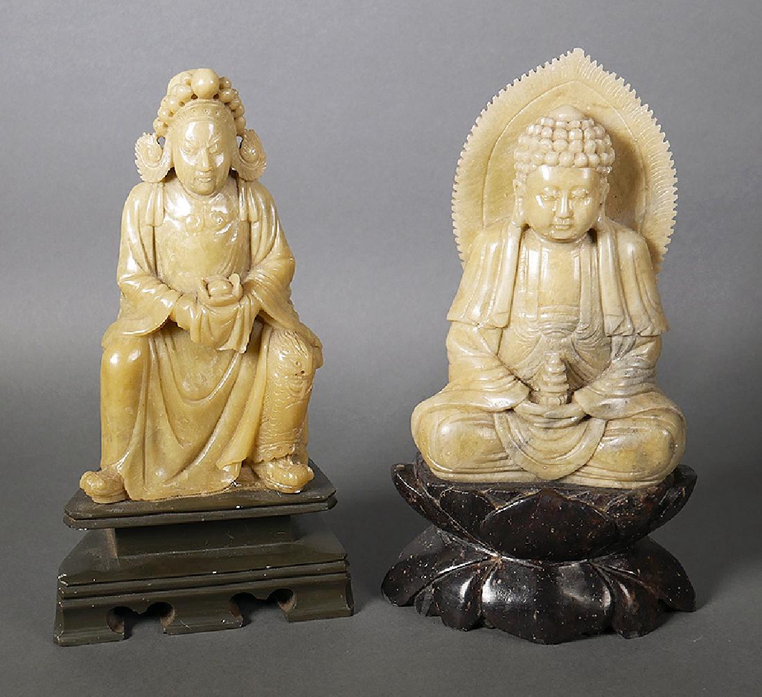 2 Old Chinese Soapstone Carved Buddha Figurines: Two vintage Chinese soapstone statues, one a Buddha, the other, some sort of warrior or nobleman. Each measures about 8" tall. Both in nice condition. Each is affixed to a carved stone base.