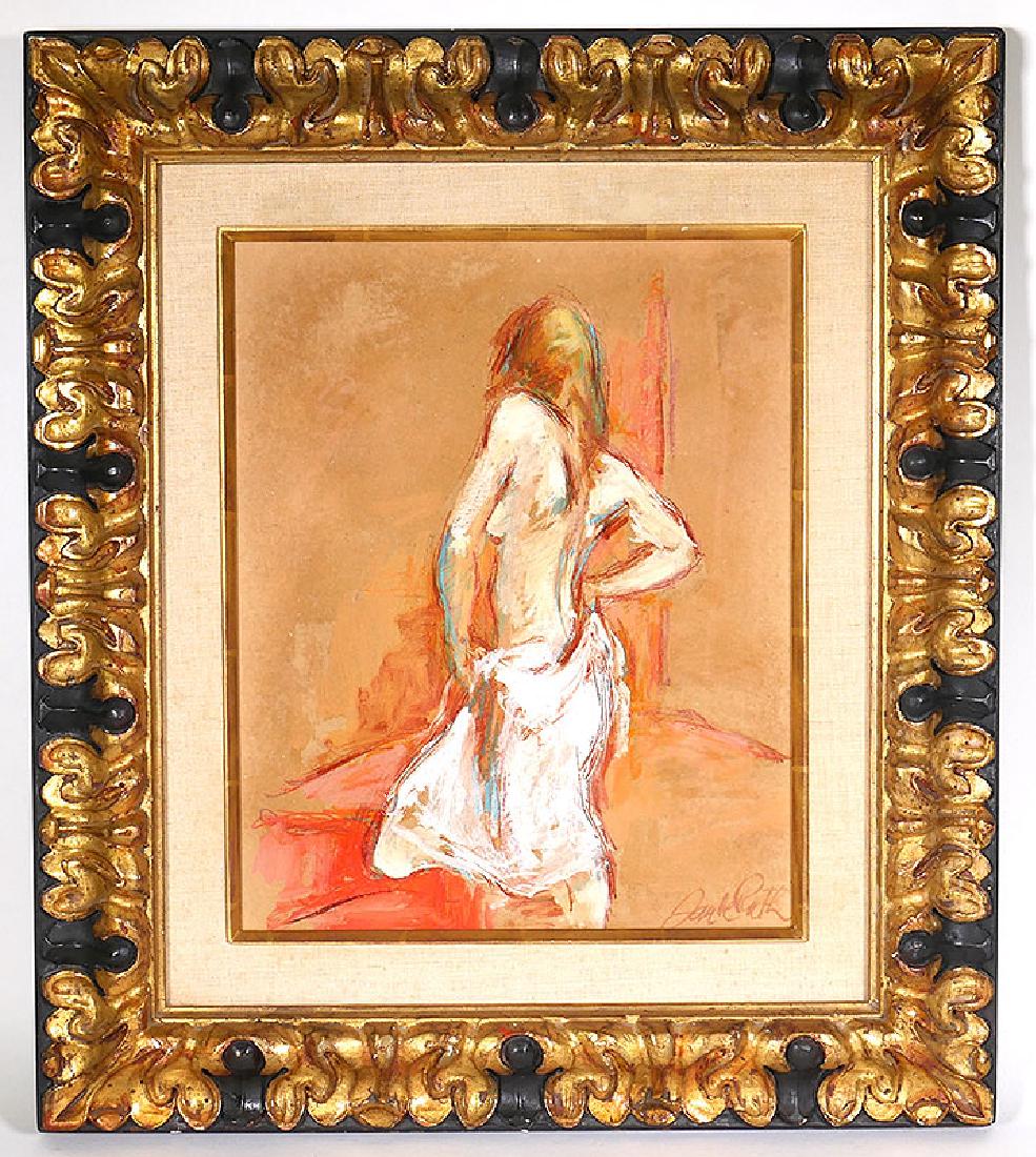 Jan de Ruth Nude Woman O/B Painting "White Slip": Oil on board painting of draped nude girl by de Ruth (American/Czech, 1922-1991). Measures about 16" x 13" in 25" x 22-3/4" frame. Titled on verso "White Slip." Signed lower right. Tiny nick to gesso