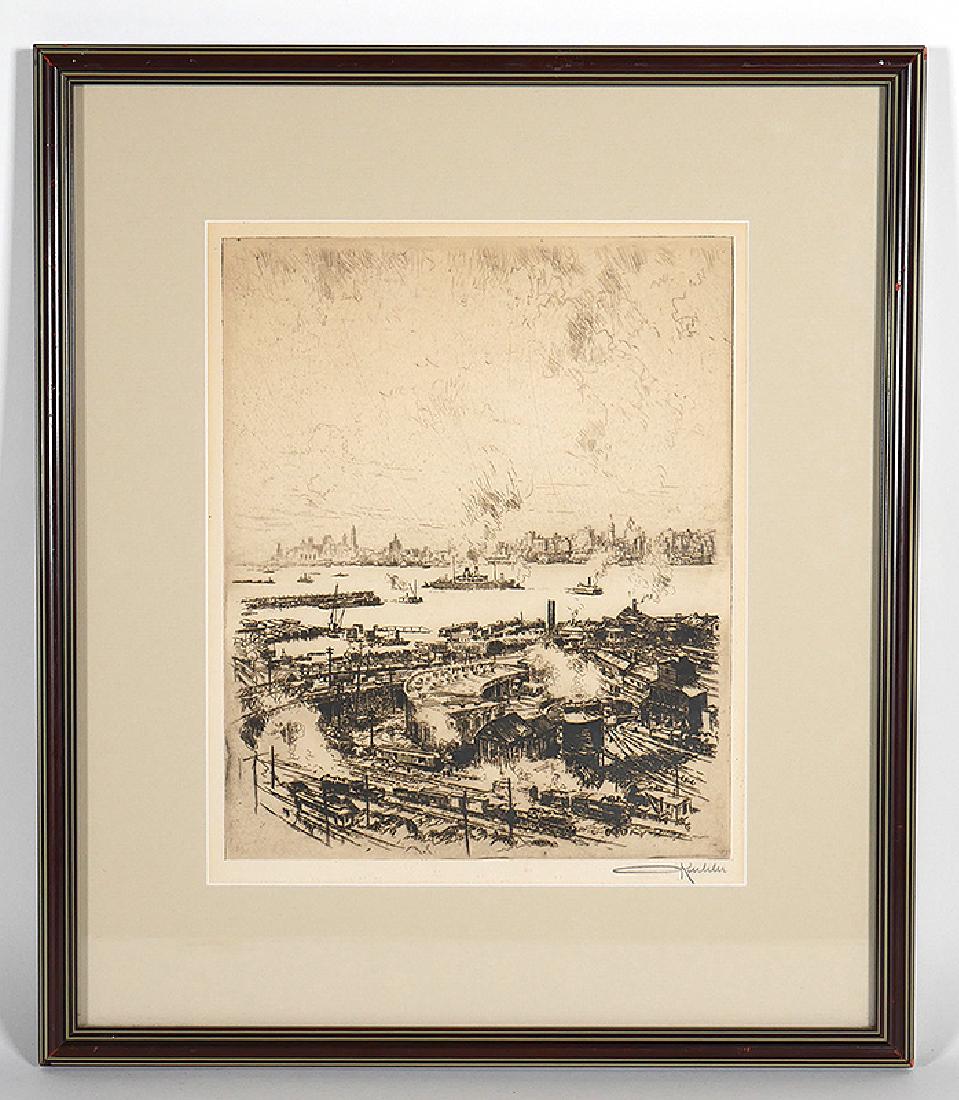 Otto Kuhler Signed Engraving Railyard in New York: Engraving signed by Kuhler (American, 1894-1977), depicting early 20th century rail yard in the foreground, looking at New York City skyline in the background. Measures about 11" x 9" visible.