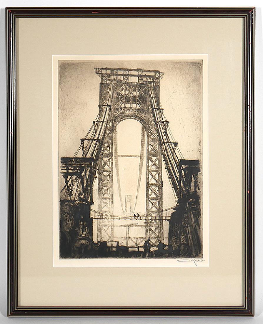 Otto Kuhler Signed Engraving Washington Bridge NYC: Engraving signed by Kuhler (American, 1894-1977), depicting early view of George Washington Bridge connecting New York City and New Jersey. Titled on back "Two Cables Must Hold it All." Measures about