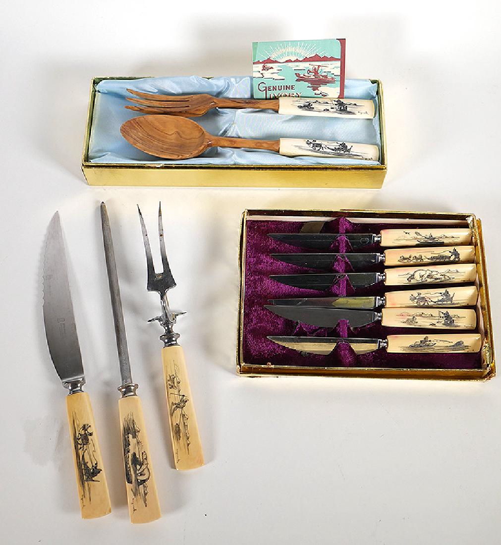 Inuit Scrimshaw Utensils Knives Nuguruk 11-Pieces: Three-piece carving set, six-piece steak knife set and two-piece salad serving set (never used) -- each bone handle scrimshawed and signed "Nuguruk." Longest piece is the sharpener at 13-1/4". Excelle