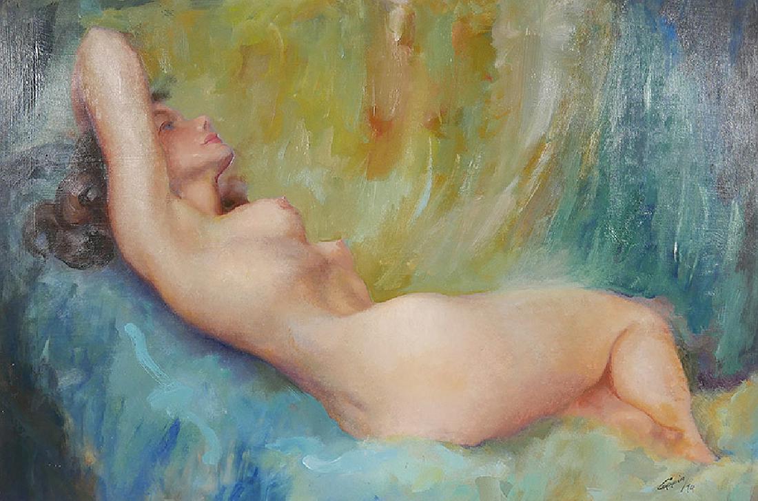 John Coppin Nude Woman Oil on Board Painting: Oil on board of nude woman by listed artist John Coppin (American, 1904-1986), signed lower right and dated (19)74. Measures about 23-1/2" x 35-1/2" visible in wood frame. One of two Coppin nudes in t