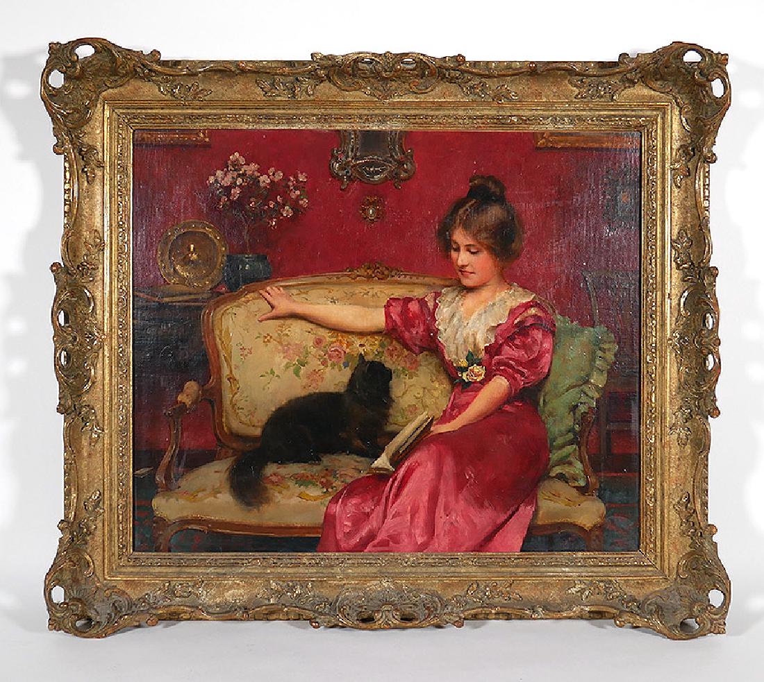 Leo Malempre 1911 Woman Seated w Cat Oil Painting: Fine antique painting of a woman relaxing on a settee, taking a break from her book to spend a moment with her cat. By listed artist Leo A. Malempre (English/French, b. 1860). Signed and dated 1911 lo