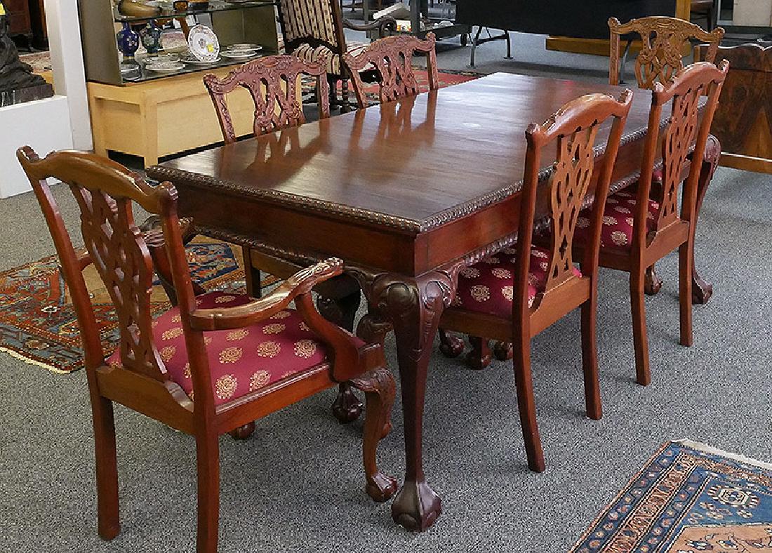 Mahogany Ball & Claw Dining Table w Six Chairs: Chippendale-style vintage dining room set, including table, two arm chairs and four side chairs. Table measures 72" x 40".