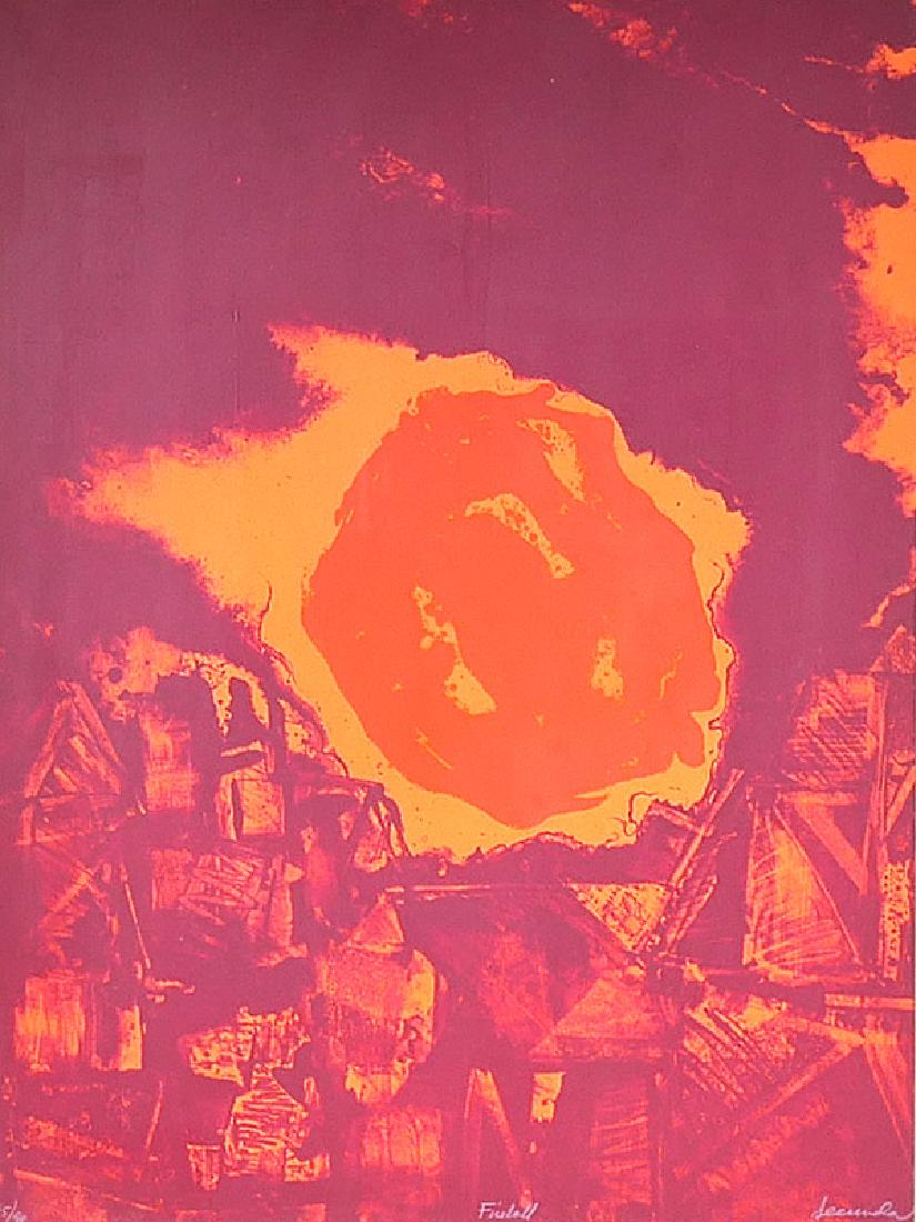Arthur Secunda Abstract Lithograph #d to 90: Abstract serigraph or litho titled "Fireball" by listed artist Arthur Secunda (American, b. 1927). Professionally matted and framed. One of two pieces by this artist in today's sale. A couple of spots