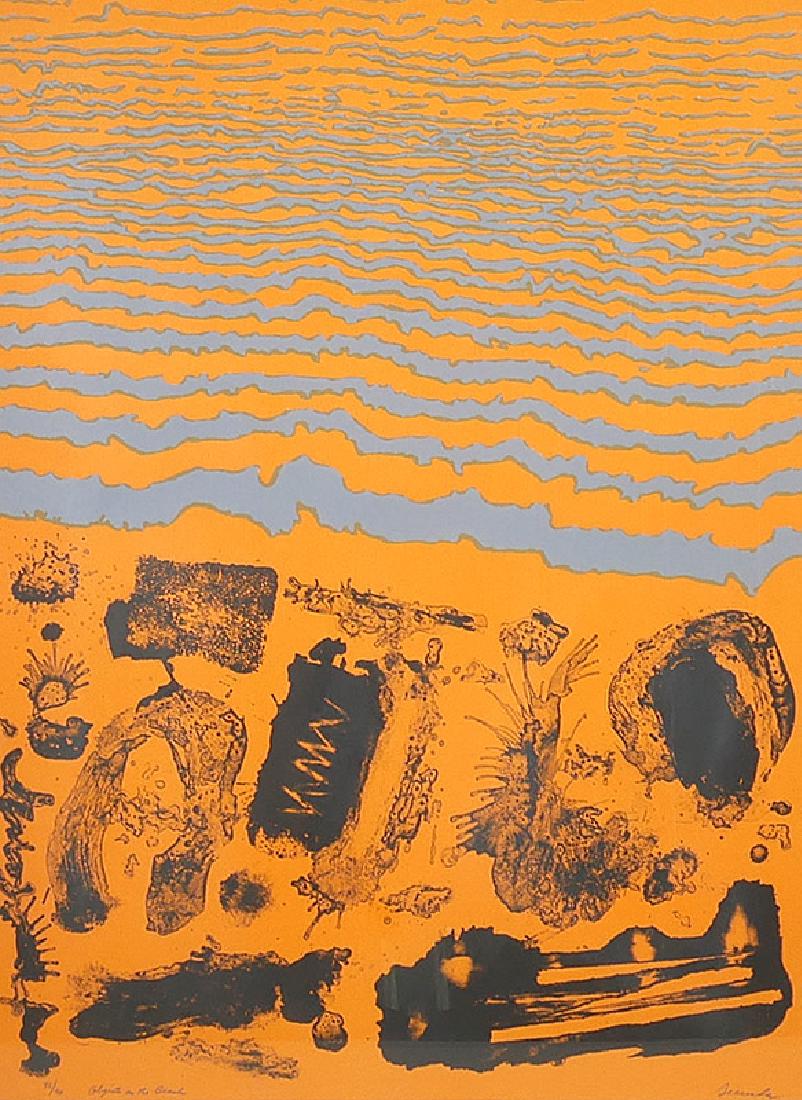 Arthur Secunda Abstract Lithograph #d to 90: Abstract serigraph or litho titled "Objects on the Beach" by listed artist Arthur Secunda (American, b. 1927). Professionally matted and framed. One of two pieces by this artist in today's sale. A cou
