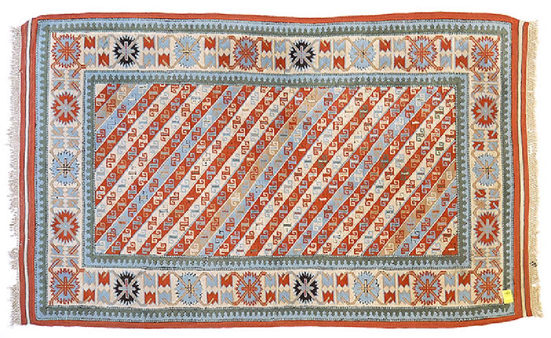 Antique Hand-Knotted Turkish Rug 4x7: Nice wide borders with teal, ivory and blue. 80 knots per inch. Some tassel wear. Measures 6'9" x 4'1".