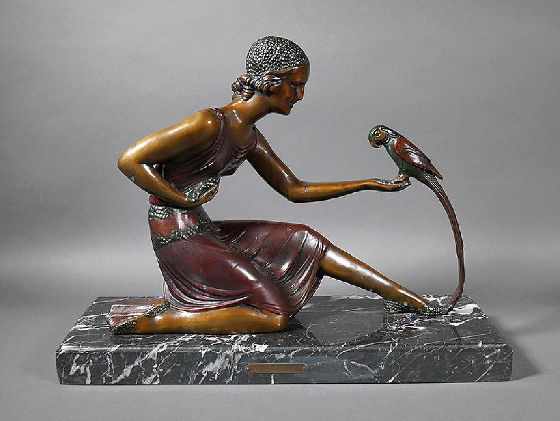 Chiparus Art Deco Bronze Statue of Woman w Parrot: Art Deco bronze statue signed Chiparus, measuring 18-1/4" including marble base. 14" tall. Nice condition.