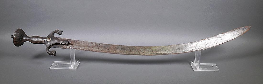 Antique Indian Talwar Curved Sword Cutlass Saber: Nice old Indian talwar sword in good condition. No scabbard. Measures about 32-1/2" long overall. SHARP. Handle with care.